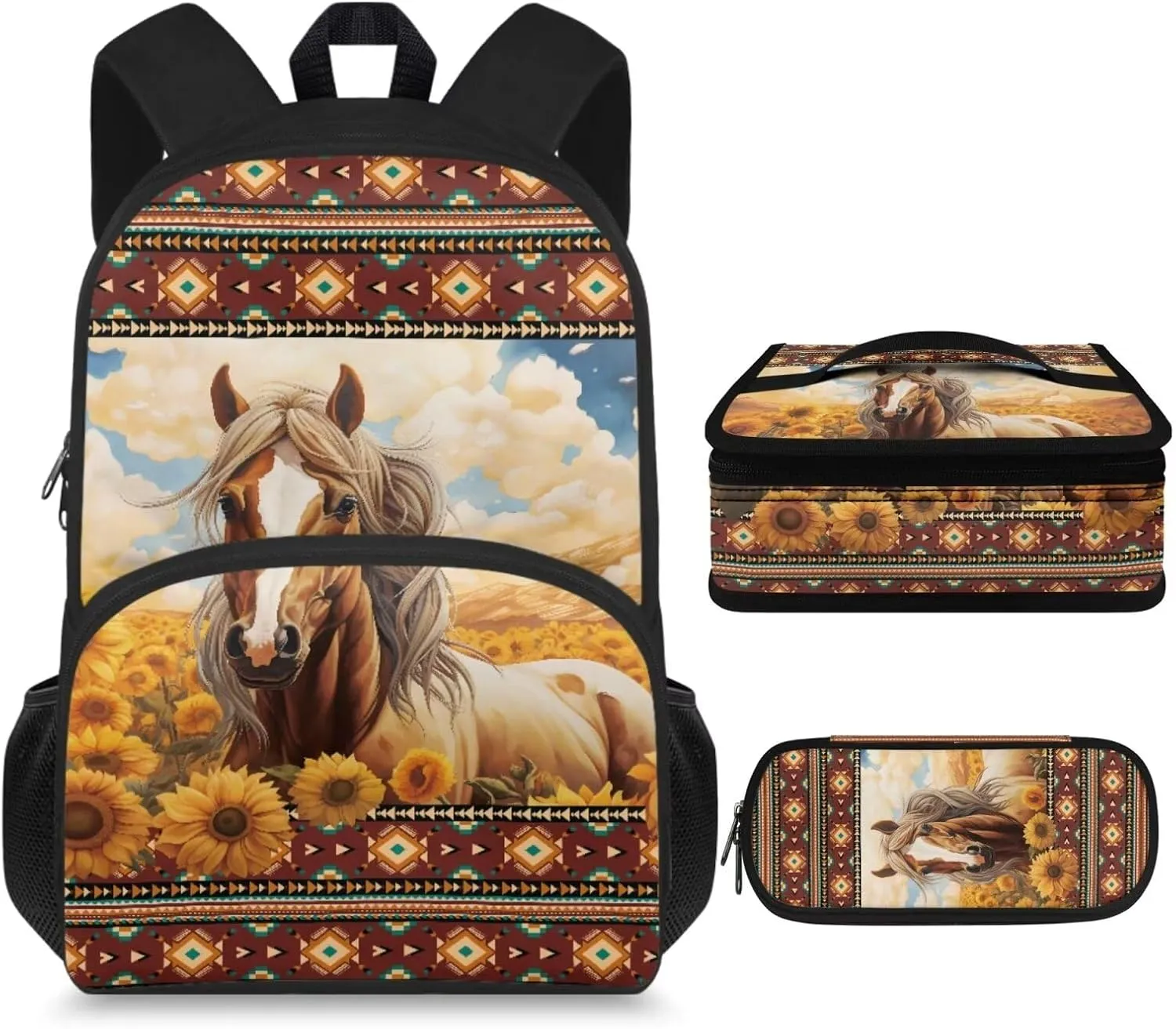 Aztec Horse Girls Backpacks School Bags with Lunch Box Carrying Handles Sunflower Student Bookbag for Boys Enough for Your Daily Use Ideal Birthday, School Season Gifts