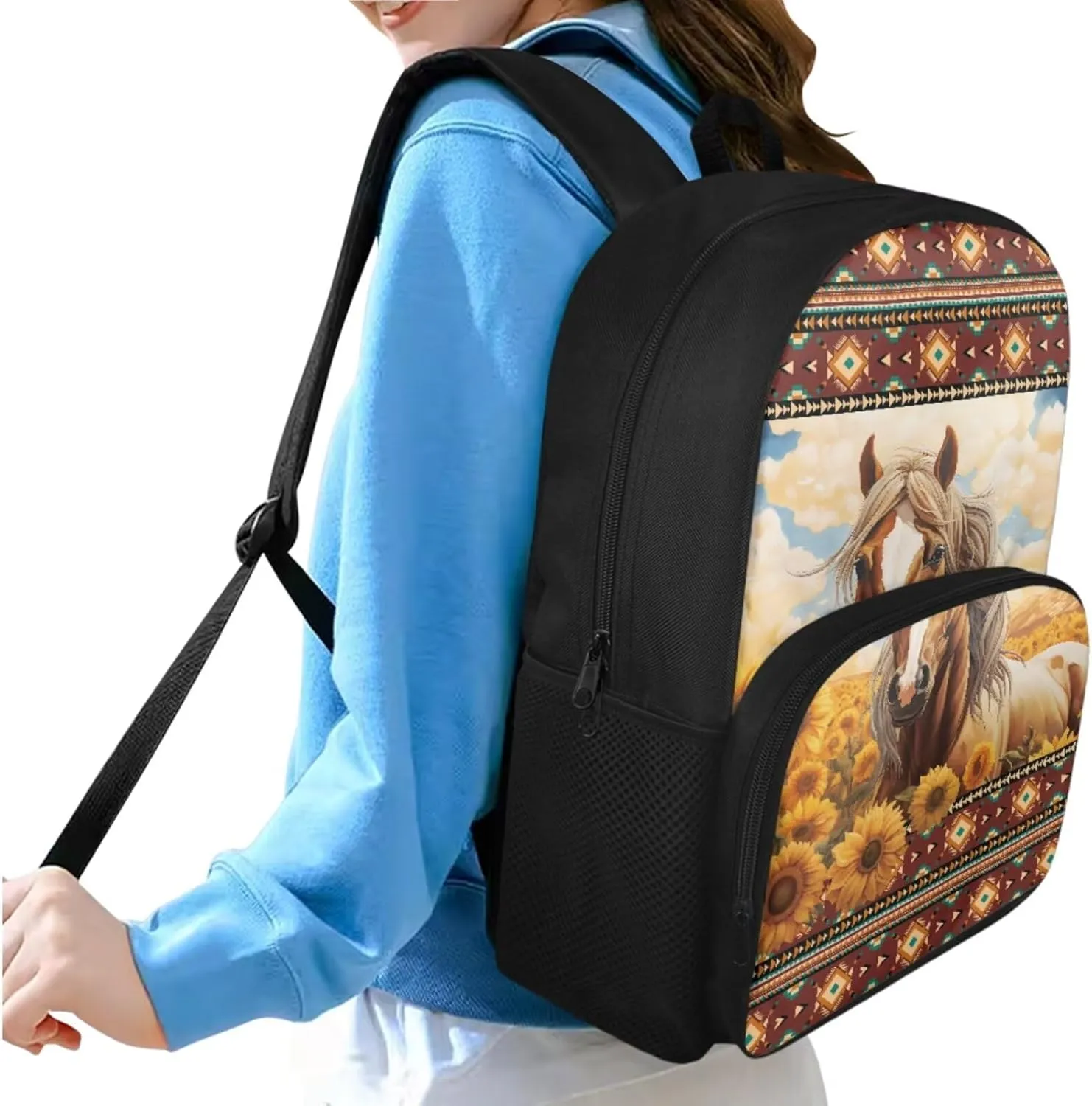 Aztec Horse Girls Backpacks School Bags with Lunch Box Carrying Handles Sunflower Student Bookbag for Boys Enough for Your Daily Use Ideal Birthday, School Season Gifts