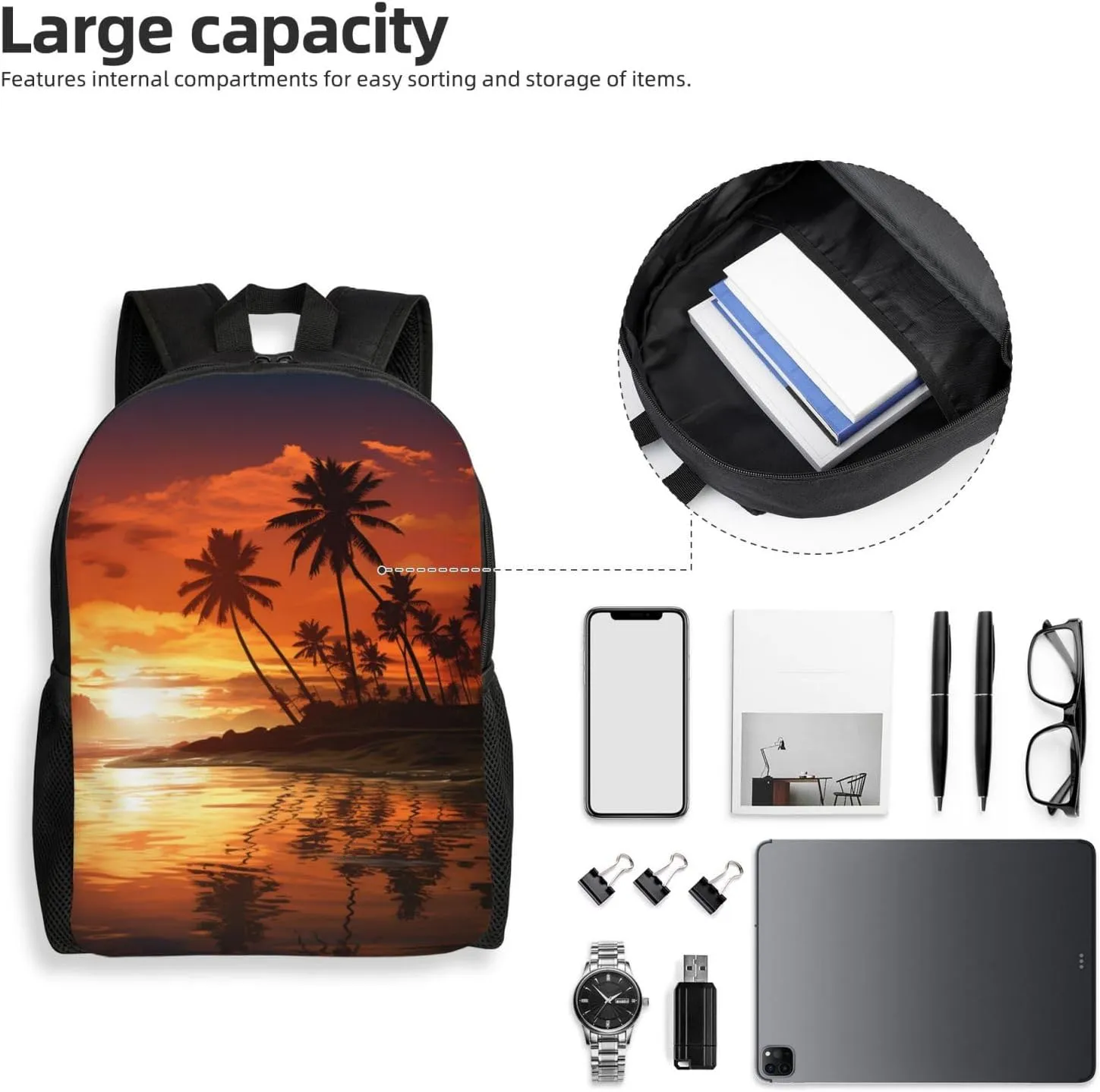 Backpack Palm Tree Sunset Travel Casual Laptop Backpack Waterproof Hiking Daypack For Men Women