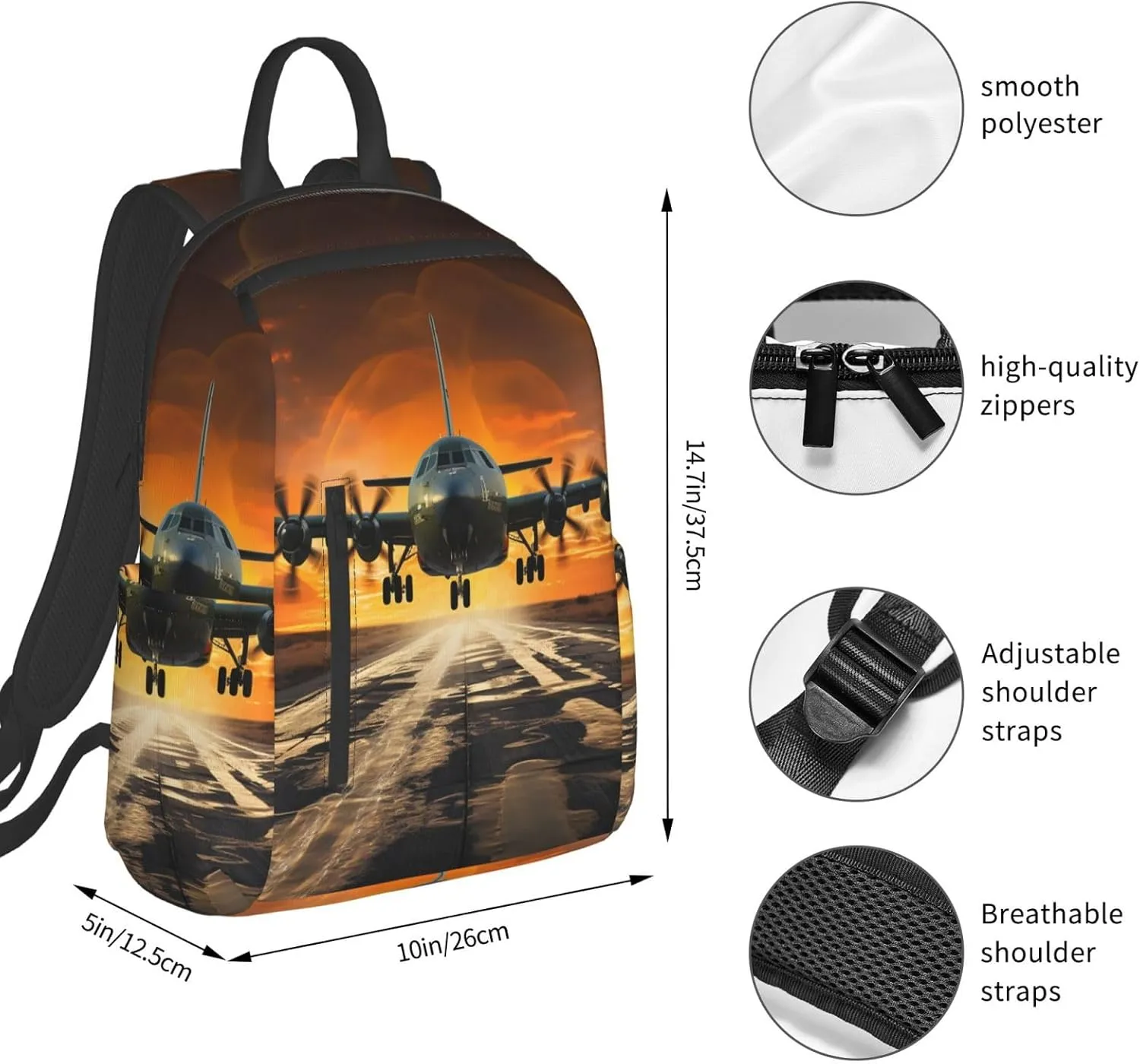 Backpack Plane Landing on Runways Travel Casual Laptop Backpack Adjustable Hiking Daypack for Men Women