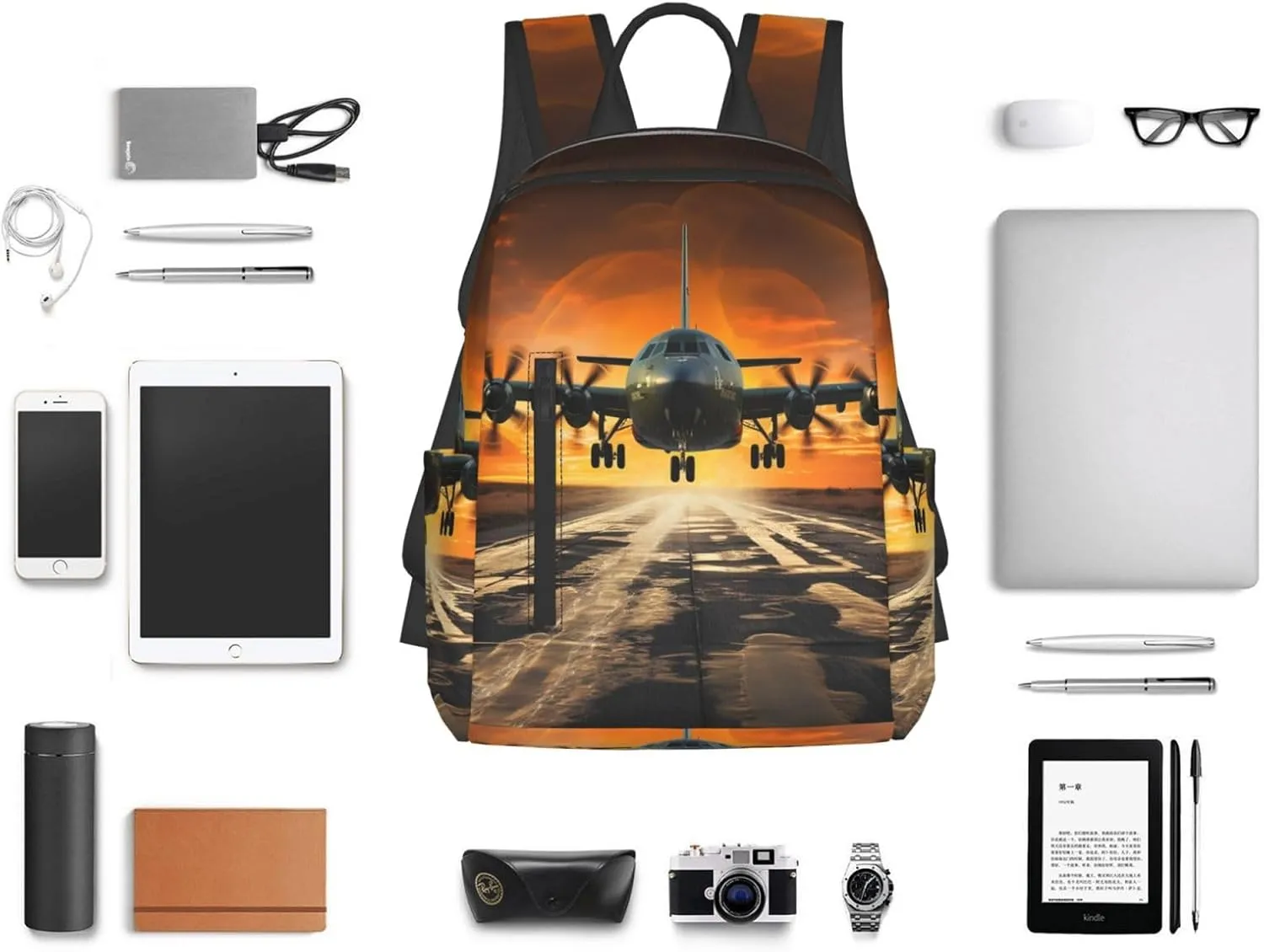 Backpack Plane Landing on Runways Travel Casual Laptop Backpack Adjustable Hiking Daypack for Men Women