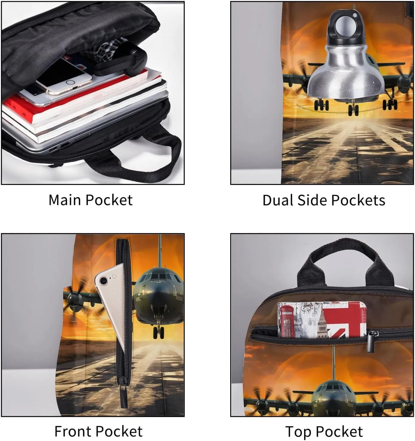 Backpack Plane Landing on Runways Travel Casual Laptop Backpack Adjustable Hiking Daypack for Men Women