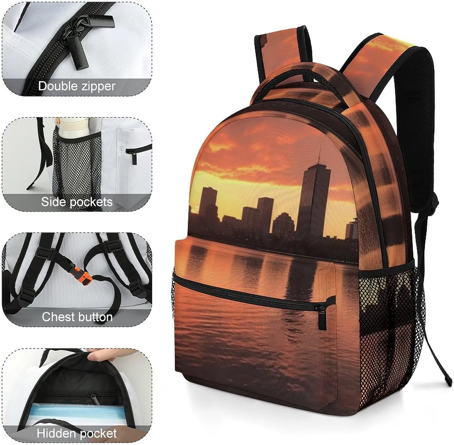 Backpacks Boston Charles River City Skyline Sunset Travel Bag Laptop Backpack Casual Daypack for Weekender Business Hiking