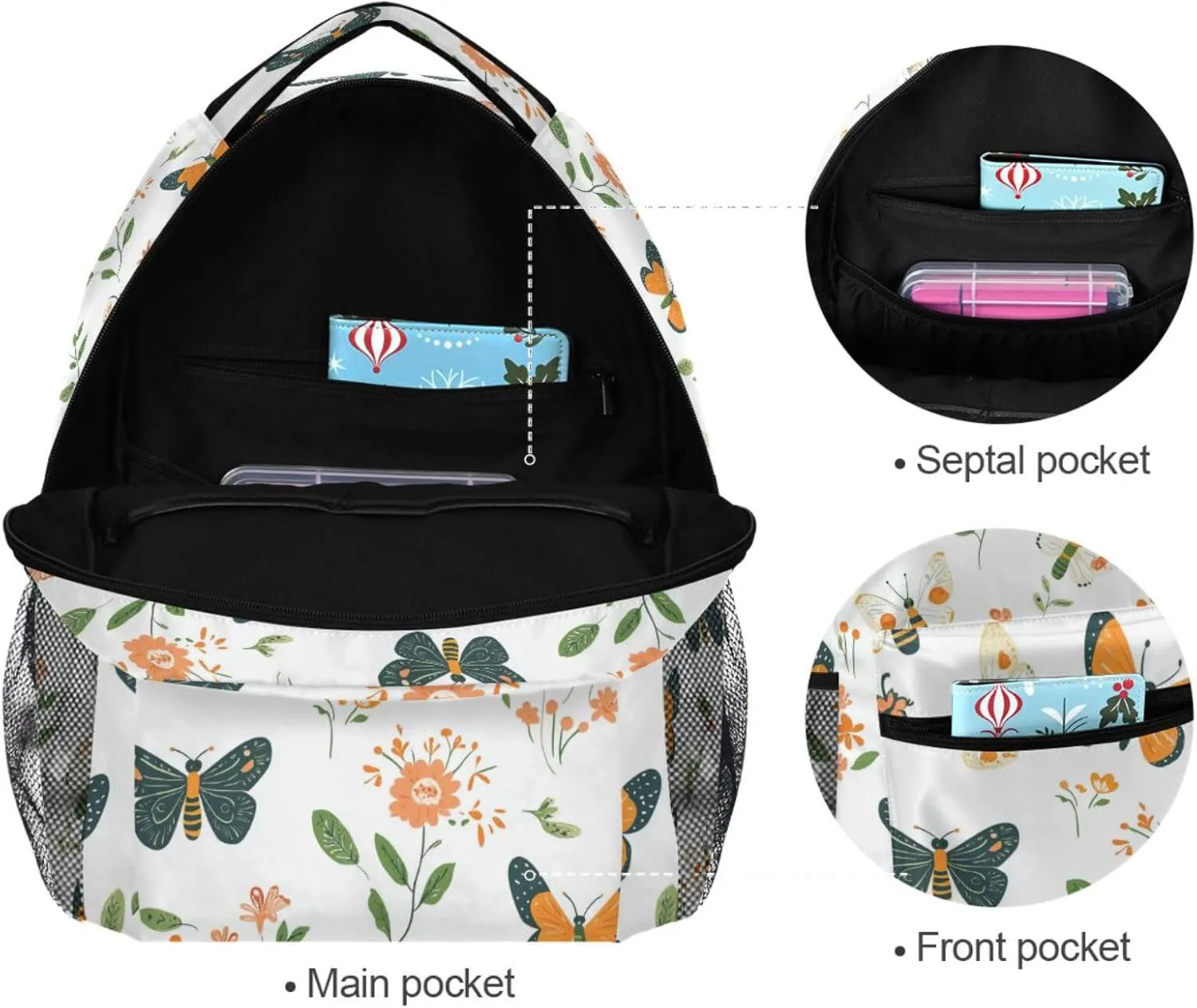 Backpacks for Men and Women Waterproof Laptop Bookbag with Chest Strap for Travel Trip Cartoon Cute Butterfly White