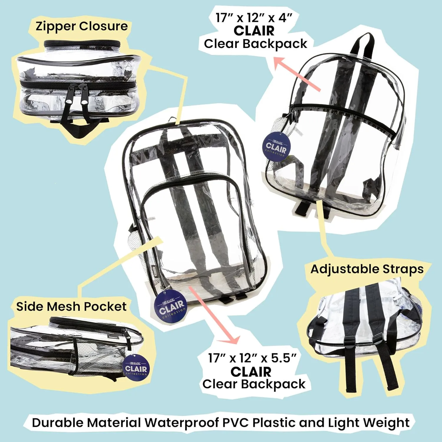 BAZIC Clear Backpack Clair 17", Transparent Bag Large Capacity Waterproof, See Through Plastic School Bag, Security Travel Sports Events, 24-Pack