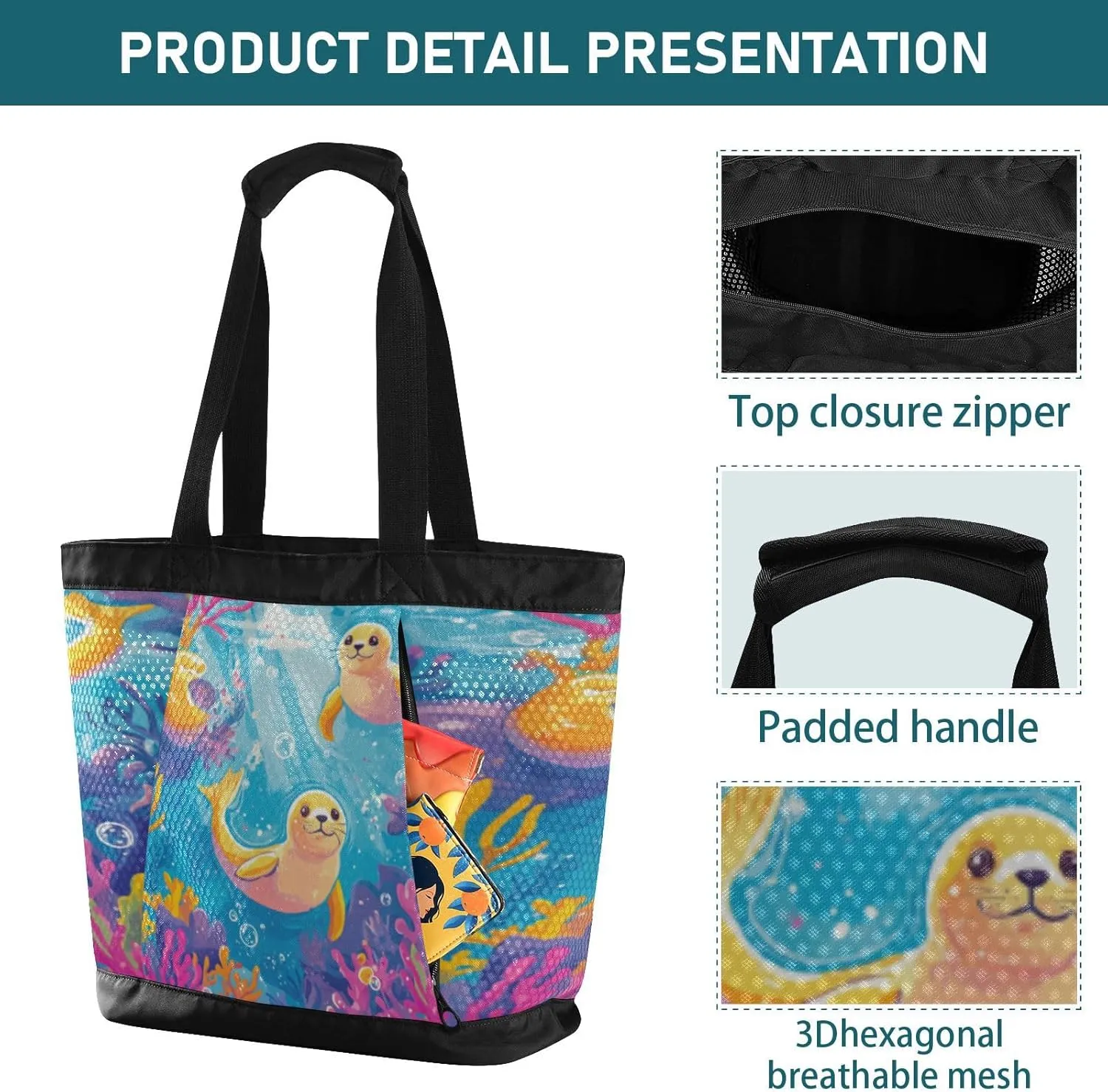 Beach Bag for Women Waterproof Sandproof Mesh Beach Tote Bag with Zipper and Pockets 1A