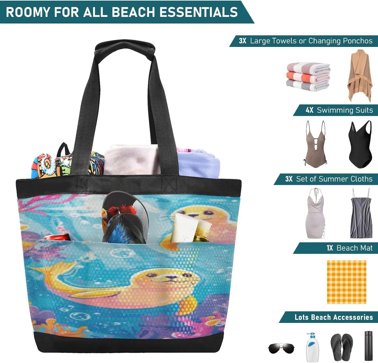 Beach Bag for Women Waterproof Sandproof Mesh Beach Tote Bag with Zipper and Pockets 1A
