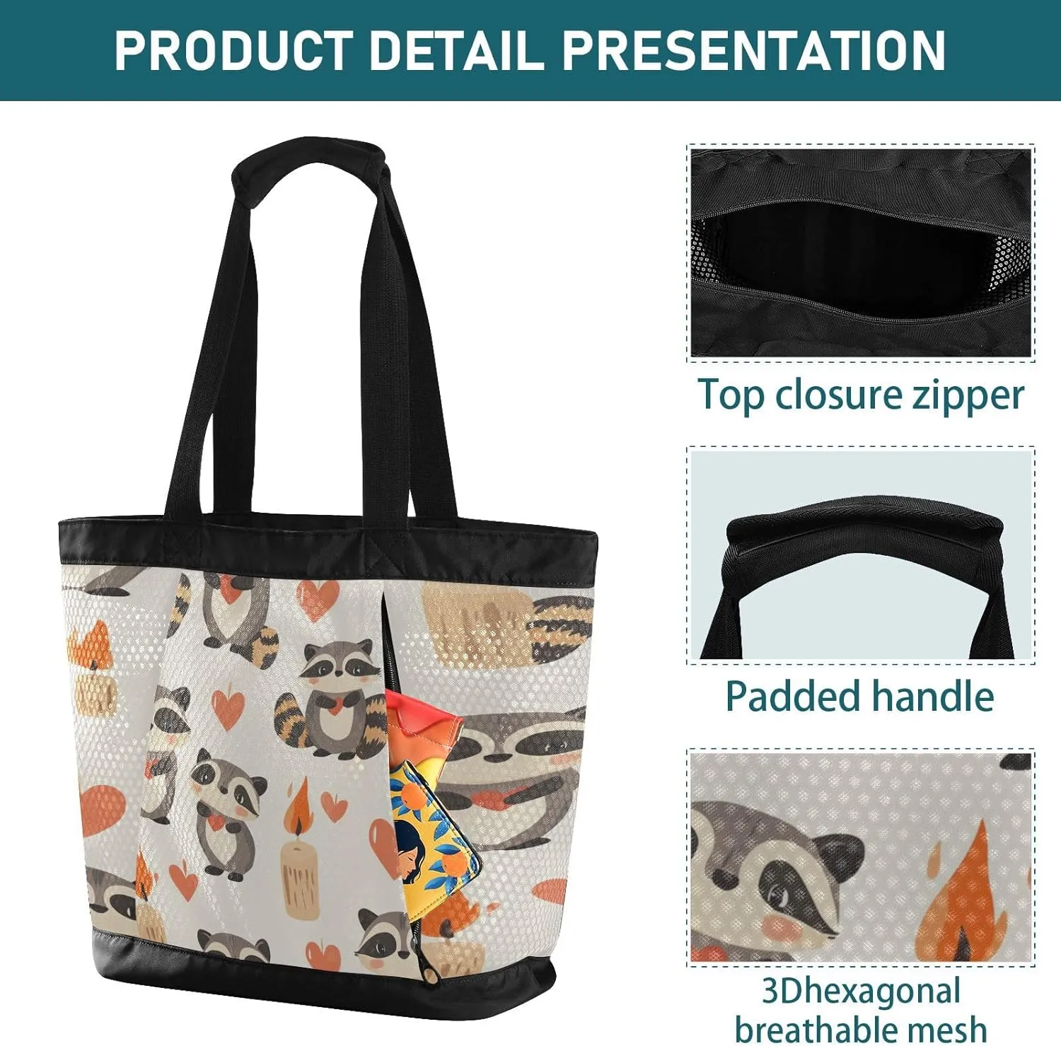 Beach Bag for Women Waterproof Sandproof Mesh Beach Tote Bag with Zipper and Pockets 1F