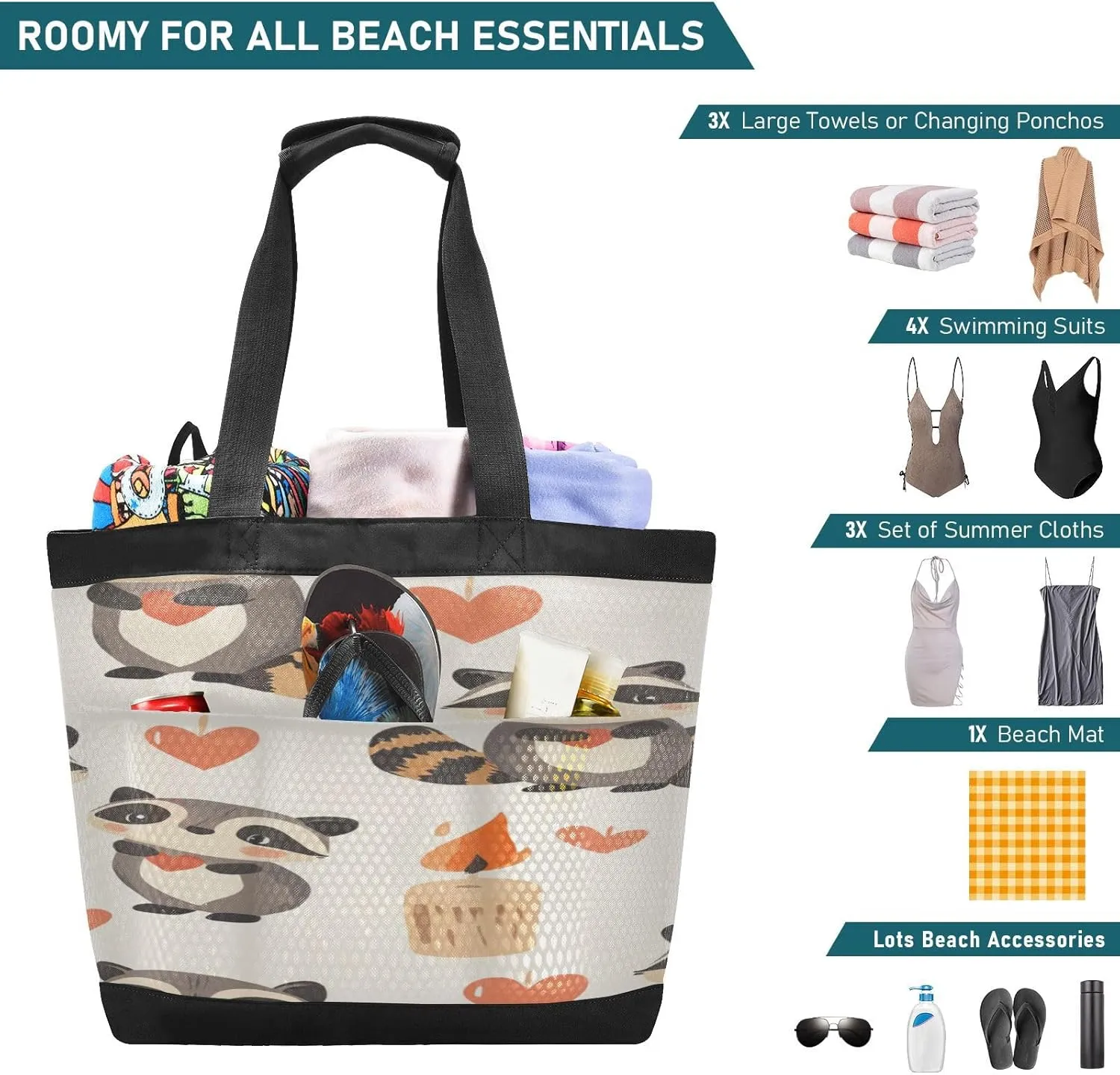Beach Bag for Women Waterproof Sandproof Mesh Beach Tote Bag with Zipper and Pockets 1F