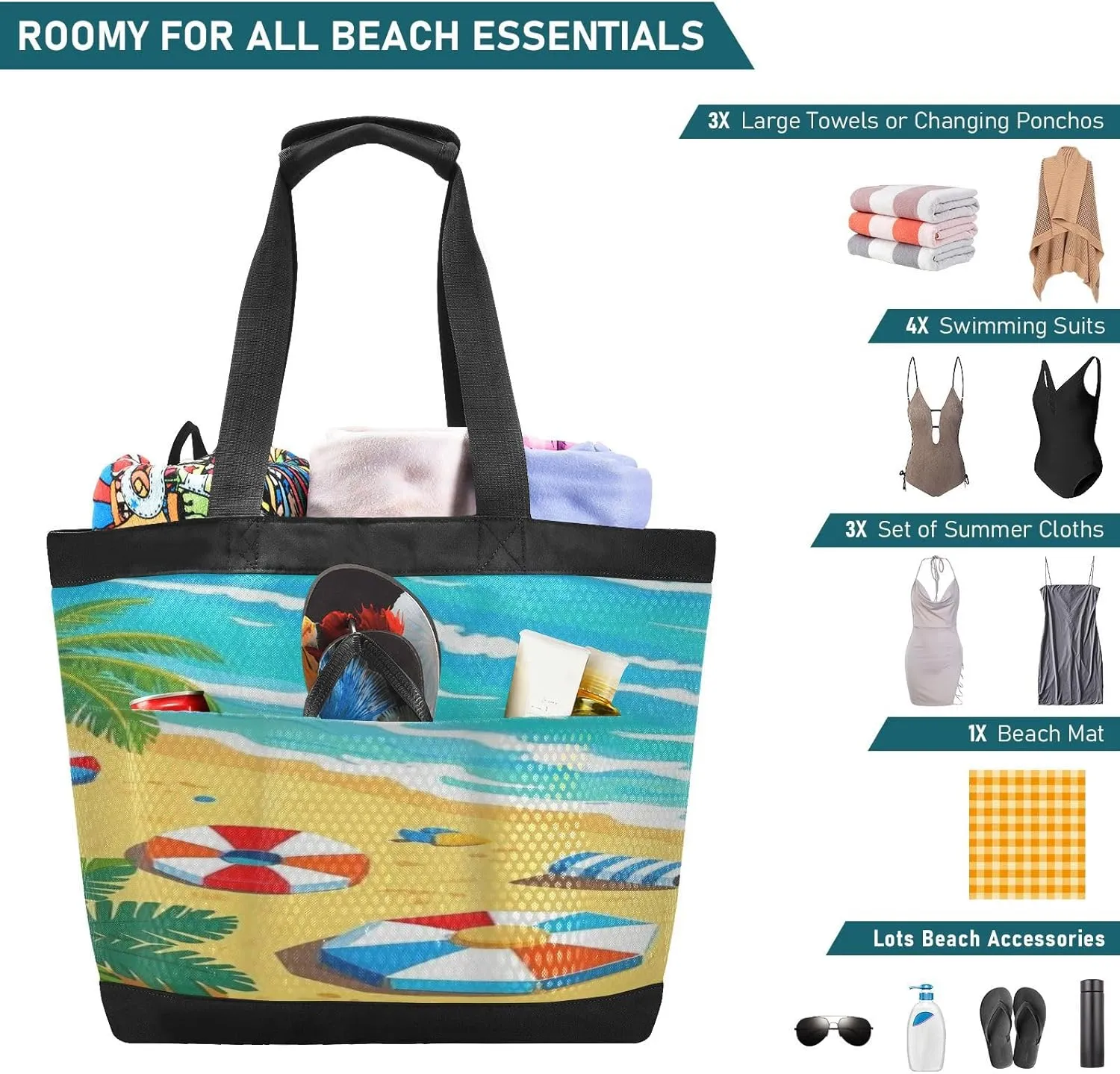 Beach Bag for Women Waterproof Sandproof Mesh Beach Tote Bag with Zipper and Pockets 200
