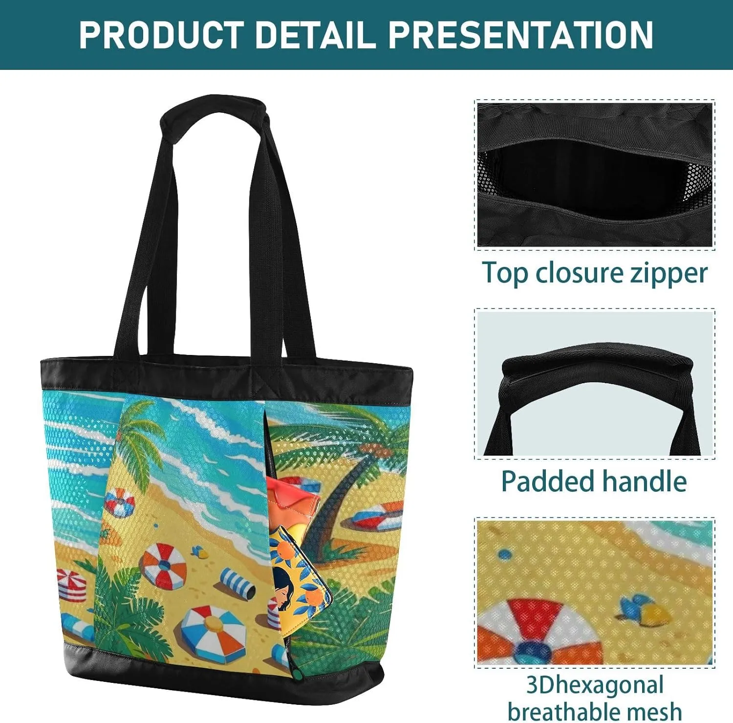 Beach Bag for Women Waterproof Sandproof Mesh Beach Tote Bag with Zipper and Pockets 200