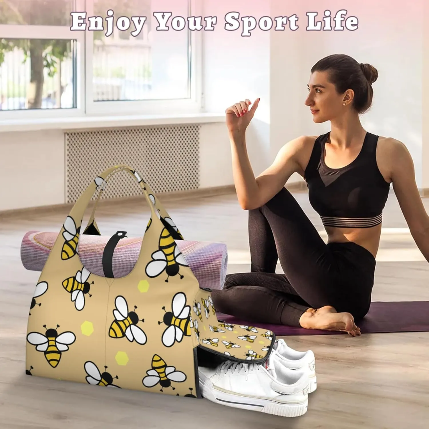 Bees With Yellow Pattern Gym Bag Yoga Mat Tote for Women with Shoes Compartment Lightweight Duffle Travel Carrier Wet Dry Storage Pockets Adjustable Pilates Mats Shoulder Bags for Sport Swim