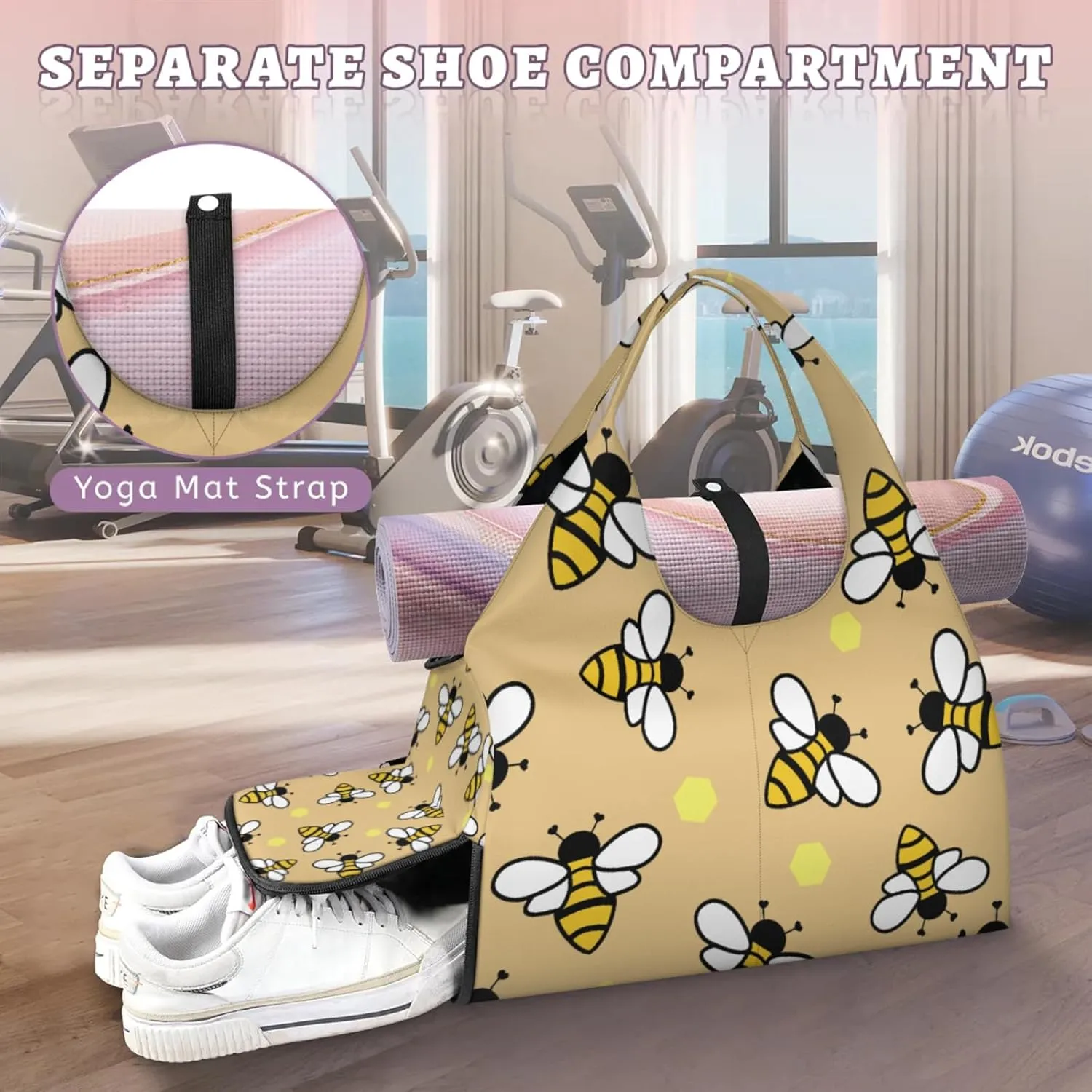 Bees With Yellow Pattern Gym Bag Yoga Mat Tote for Women with Shoes Compartment Lightweight Duffle Travel Carrier Wet Dry Storage Pockets Adjustable Pilates Mats Shoulder Bags for Sport Swim