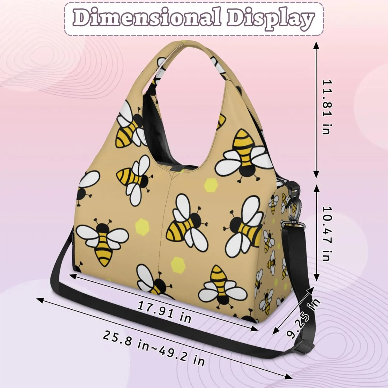 Bees With Yellow Pattern Gym Bag Yoga Mat Tote for Women with Shoes Compartment Lightweight Duffle Travel Carrier Wet Dry Storage Pockets Adjustable Pilates Mats Shoulder Bags for Sport Swim