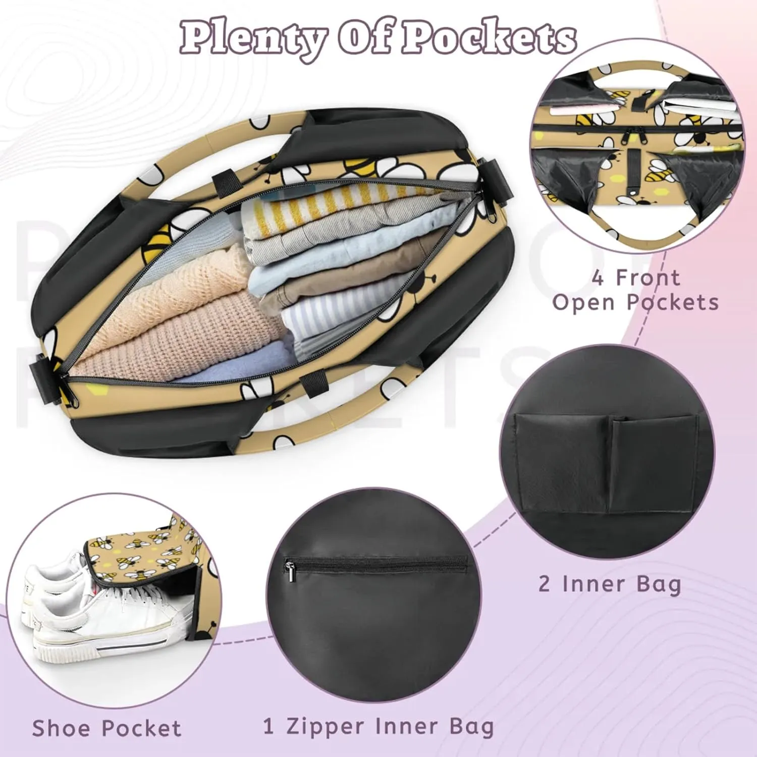 Bees With Yellow Pattern Gym Bag Yoga Mat Tote for Women with Shoes Compartment Lightweight Duffle Travel Carrier Wet Dry Storage Pockets Adjustable Pilates Mats Shoulder Bags for Sport Swim