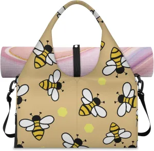 Bees With Yellow Pattern Gym Bag Yoga Mat Tote for Women with Shoes Compartment Lightweight Duffle Travel Carrier Wet Dry Storage Pockets Adjustable Pilates Mats Shoulder Bags for Sport Swim
