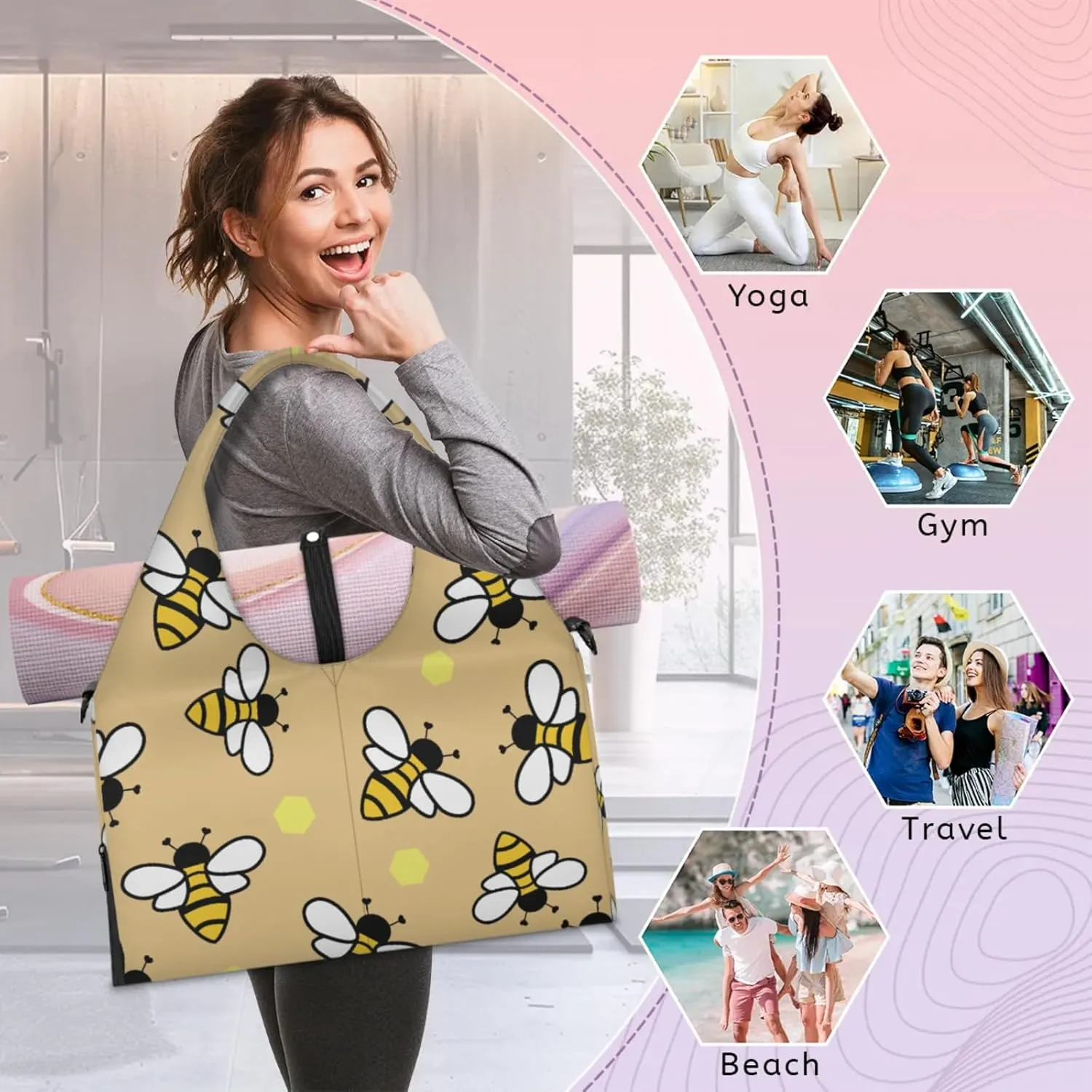 Bees With Yellow Pattern Gym Bag Yoga Mat Tote for Women with Shoes Compartment Lightweight Duffle Travel Carrier Wet Dry Storage Pockets Adjustable Pilates Mats Shoulder Bags for Sport Swim