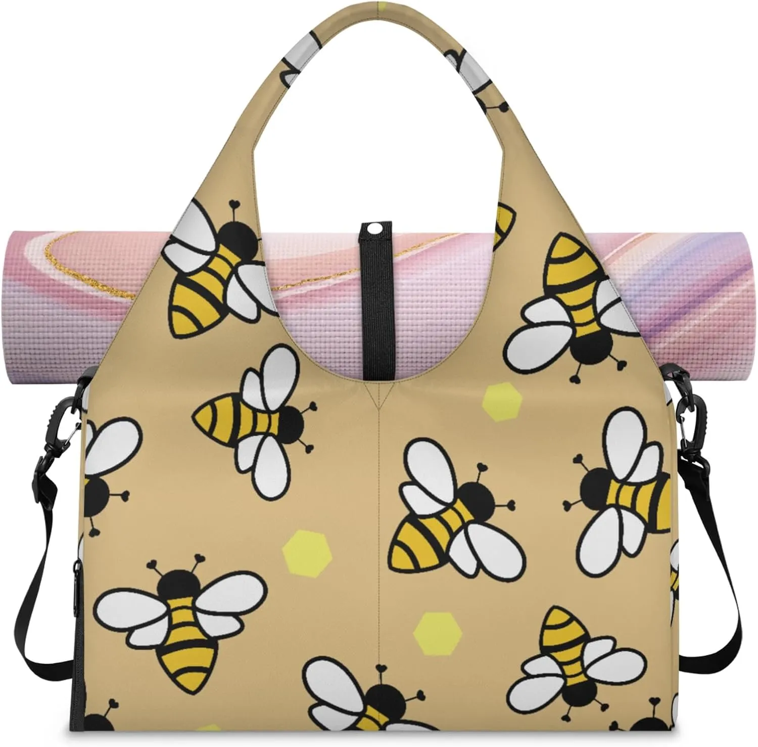 Bees With Yellow Pattern Gym Bag Yoga Mat Tote for Women with Shoes Compartment Lightweight Duffle Travel Carrier Wet Dry Storage Pockets Adjustable Pilates Mats Shoulder Bags for Sport Swim