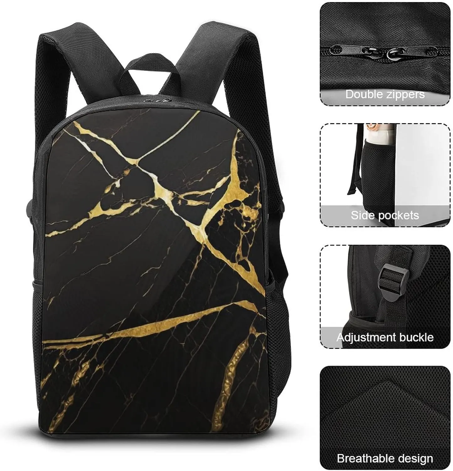 Black & Gold Marble Backpack with Adjustable Straps, Suitable for Travel Picnics Activities