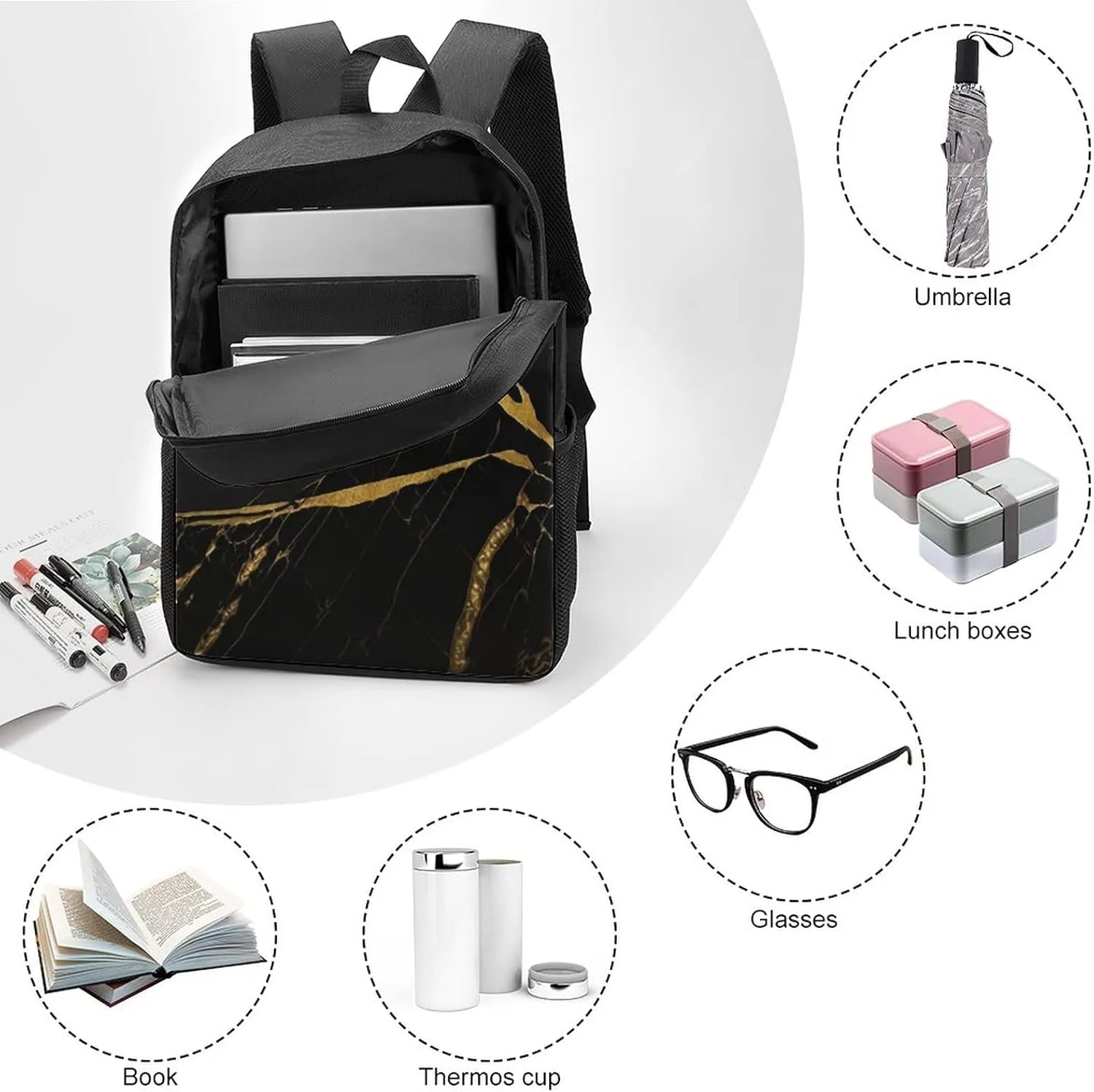 Black & Gold Marble Backpack with Adjustable Straps, Suitable for Travel Picnics Activities
