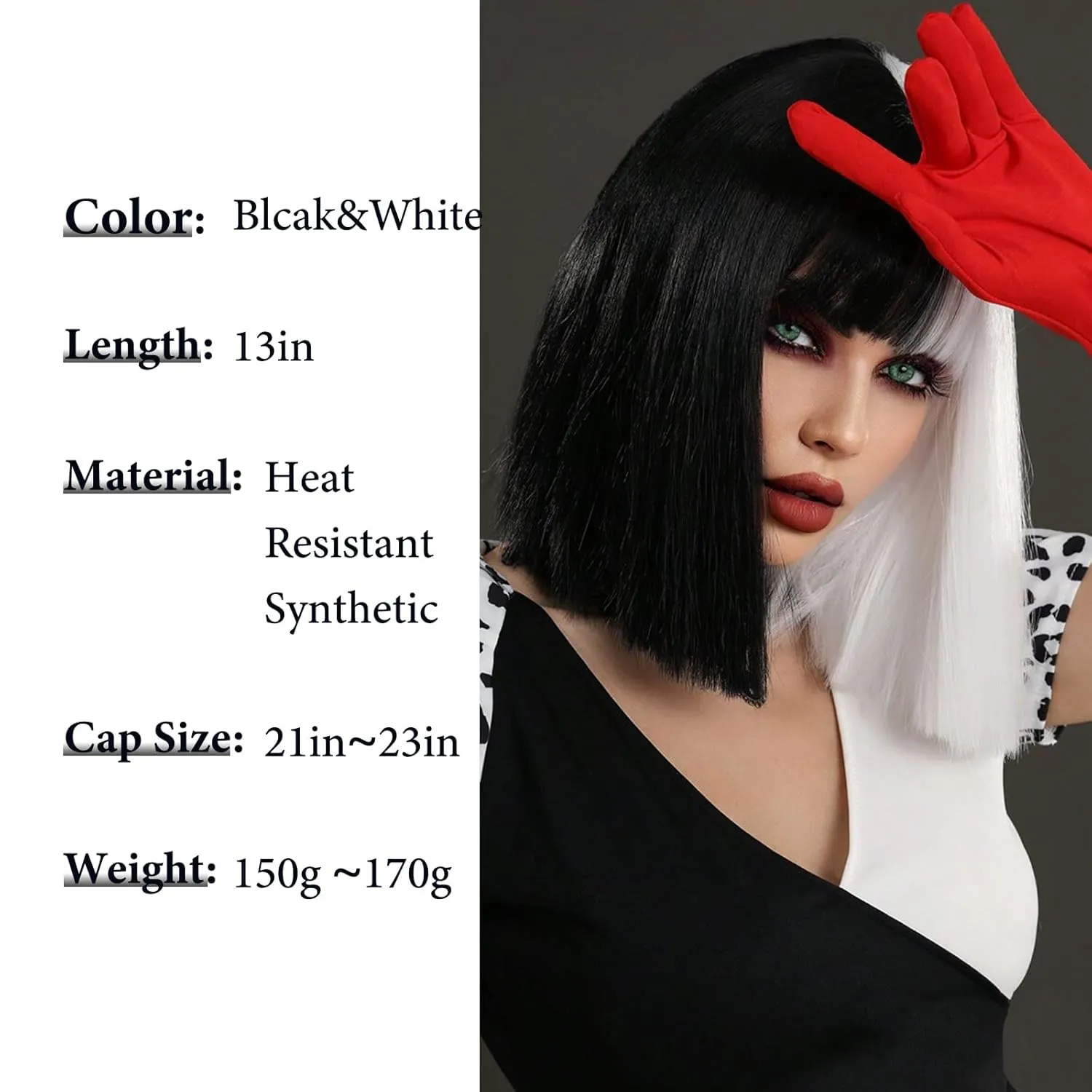 Black and White Wig Bob Wig with Bangs Short White and Black Straight Wigs for Women Heat Resistant Synthetic wig Cruella Deville Wig for Grils Daily Party Halloween Cosplay Use 13inch