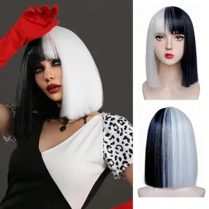 Black and White Wig Bob Wig with Bangs Short White and Black Straight Wigs for Women Heat Resistant Synthetic wig Cruella Deville Wig for Grils Daily Party Halloween Cosplay Use 13inch
