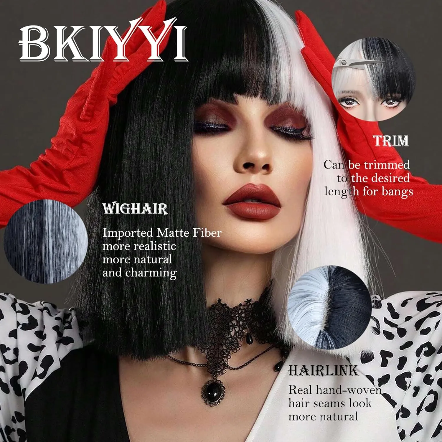 Black and White Wig Bob Wig with Bangs Short White and Black Straight Wigs for Women Heat Resistant Synthetic wig Cruella Deville Wig for Grils Daily Party Halloween Cosplay Use 13inch