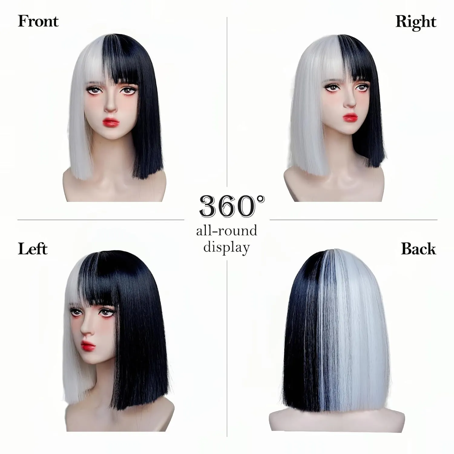 Black and White Wig Bob Wig with Bangs Short White and Black Straight Wigs for Women Heat Resistant Synthetic wig Cruella Deville Wig for Grils Daily Party Halloween Cosplay Use 13inch