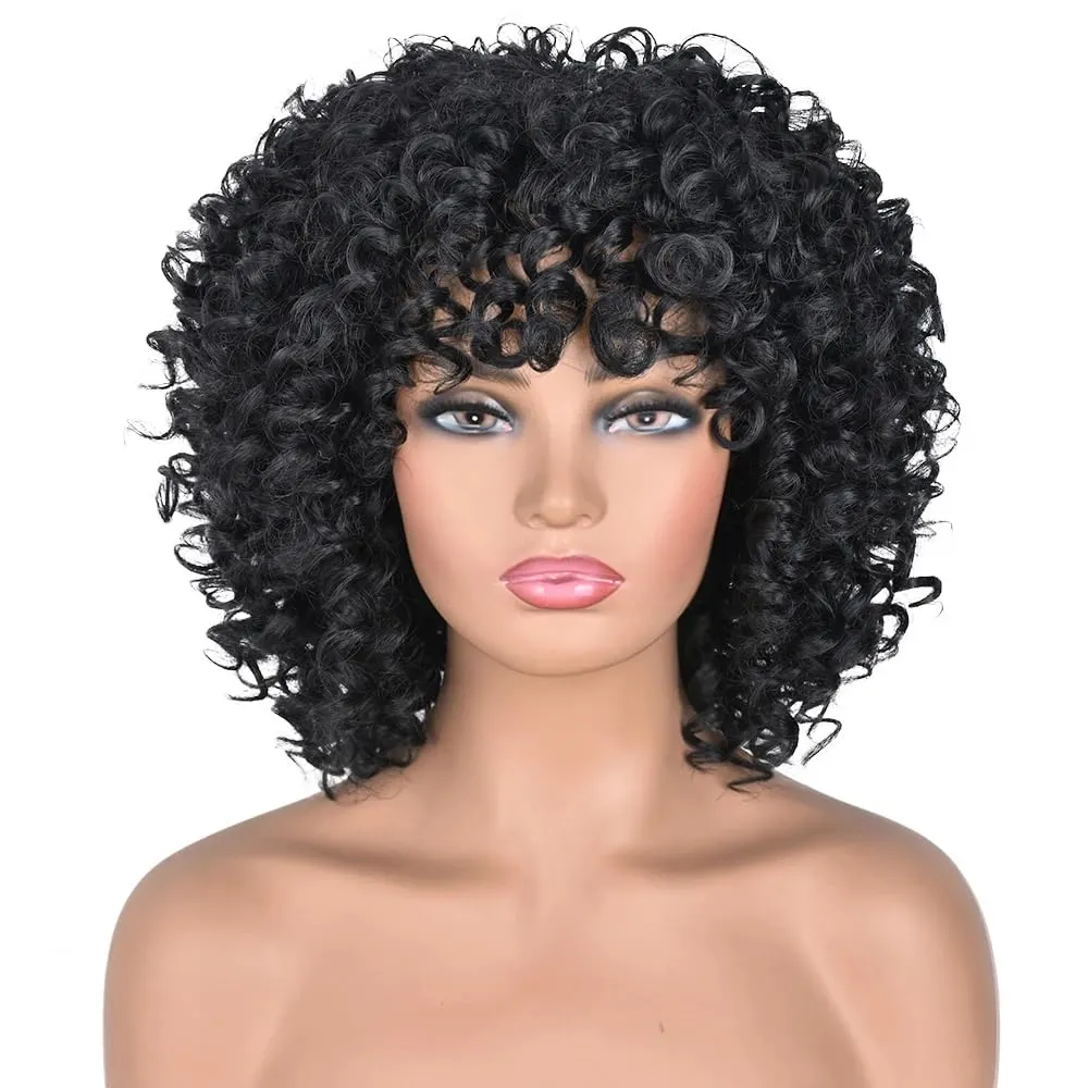 Black Curly Afro Wig for Women, Kinky Wigs for Black Women, Synthetic Natural Synthetic Curly Wig with Bangs