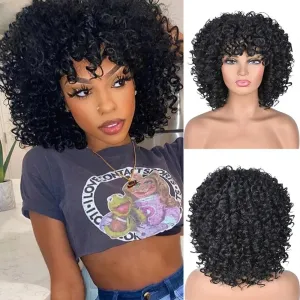 Black Curly Afro Wig for Women, Kinky Wigs for Black Women, Synthetic Natural Synthetic Curly Wig with Bangs