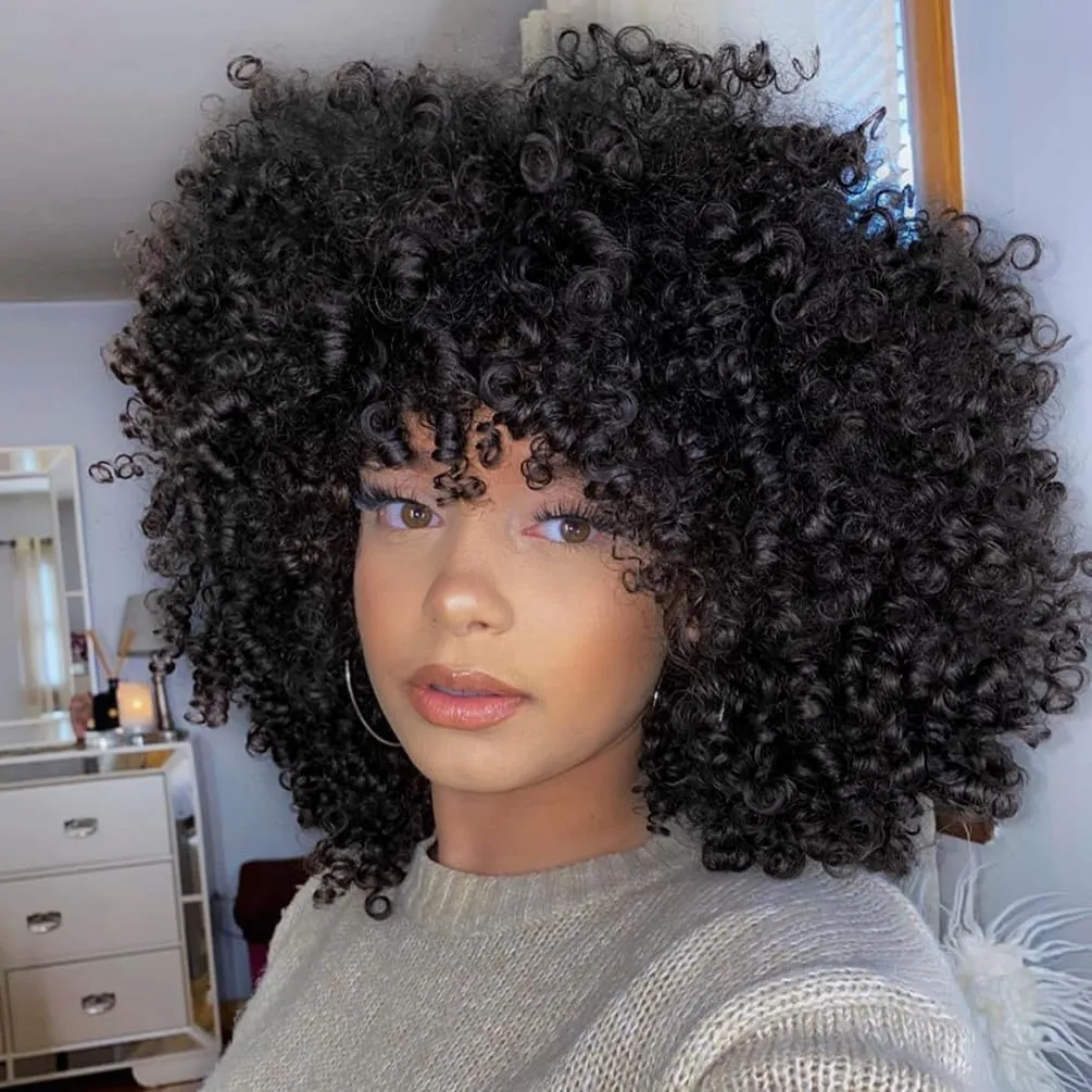 Black Curly Afro Wig for Women, Kinky Wigs for Black Women, Synthetic Natural Synthetic Curly Wig with Bangs