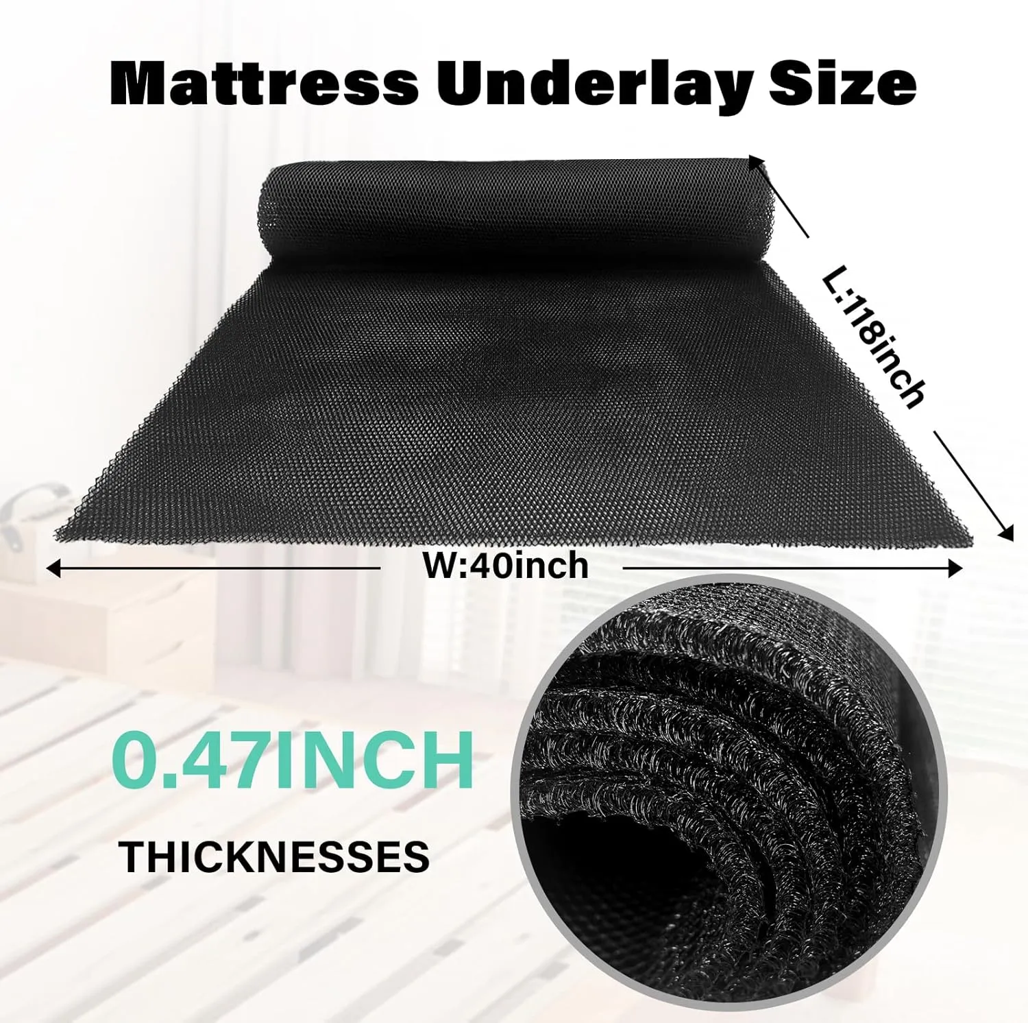 Black Mattress Underlay with Large Breathable Meshfiber,0.47in Thick Under Mattress Pad,Under Mattress Ventilation Creating Air Flow for a Dry(118 * 40 in)