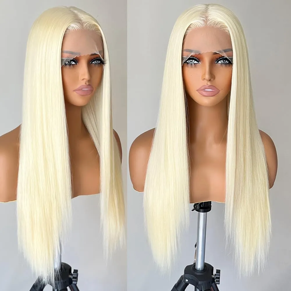 Blonde Lace Front 13x4x1 HD Lace Long Straight Glueless Wigs Pre Plucked White Blonde Wigs Yaki Straight Synthetic Lace Front Wig 26 Inch