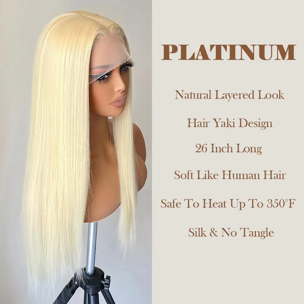 Blonde Lace Front 13x4x1 HD Lace Long Straight Glueless Wigs Pre Plucked White Blonde Wigs Yaki Straight Synthetic Lace Front Wig 26 Inch