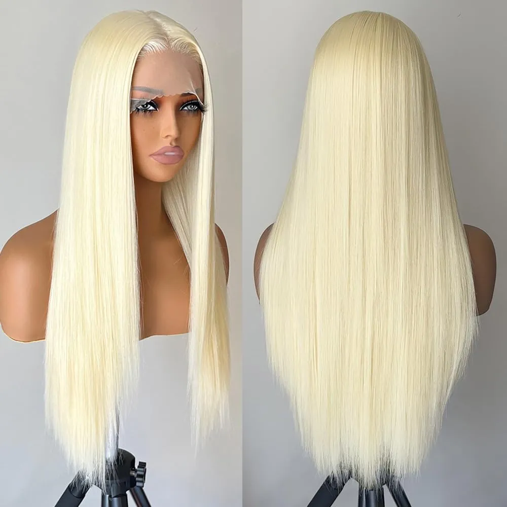 Blonde Lace Front 13x4x1 HD Lace Long Straight Glueless Wigs Pre Plucked White Blonde Wigs Yaki Straight Synthetic Lace Front Wig 26 Inch