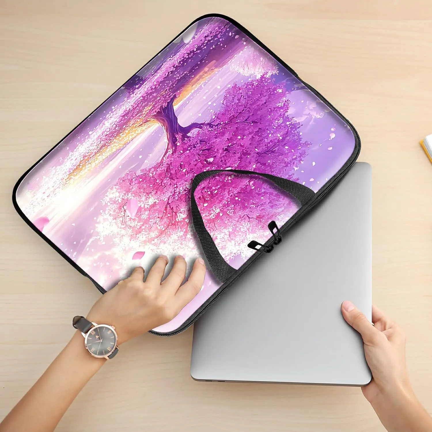 Blooming Cherry Blossoms Theme Laptop Sleeve Case Notebook Sleeve PC Messenger Bag Durable Travel Laptop Bag Handbag 13-14 Inch with Handle for Laptop/Notebook/Tablet Laptop
