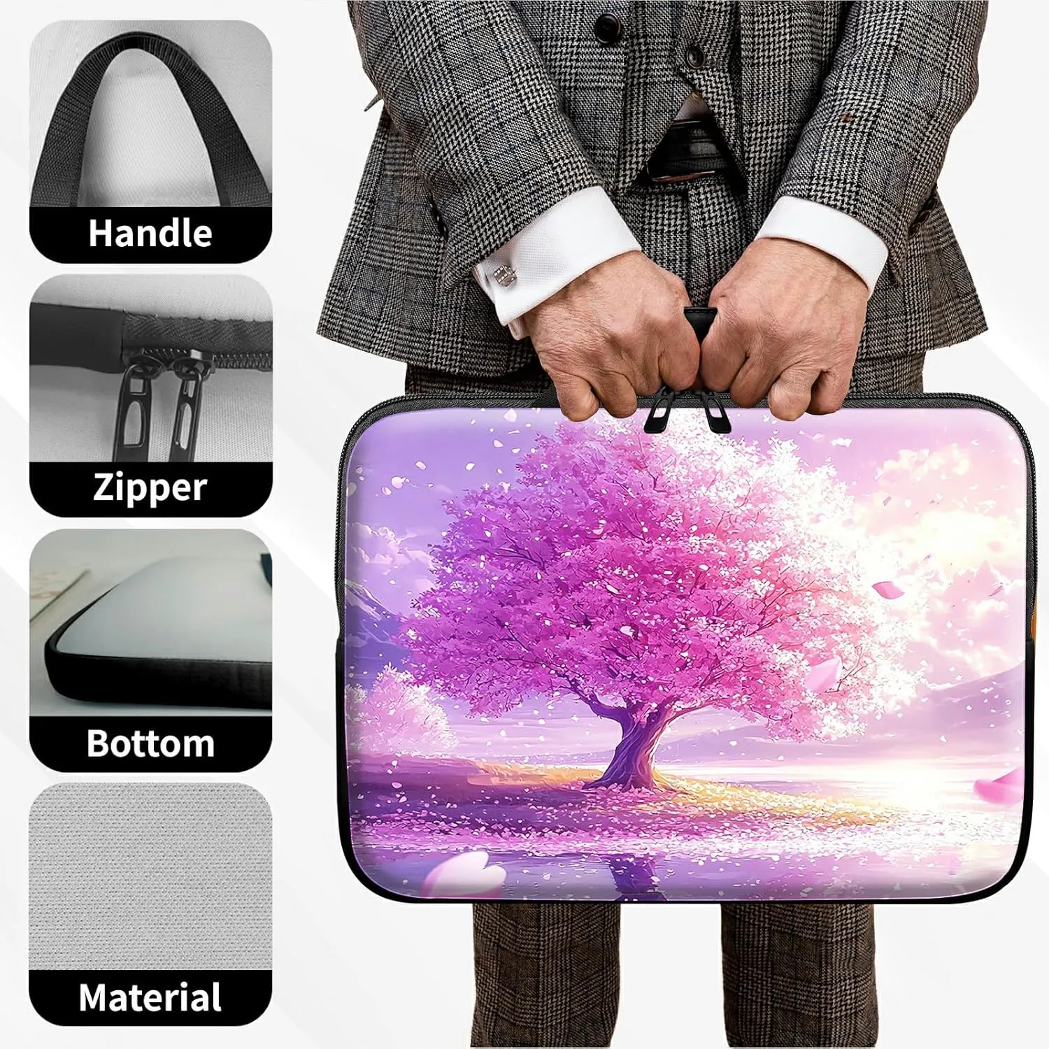 Blooming Cherry Blossoms Theme Laptop Sleeve Case Notebook Sleeve PC Messenger Bag Durable Travel Laptop Bag Handbag 13-14 Inch with Handle for Laptop/Notebook/Tablet Laptop