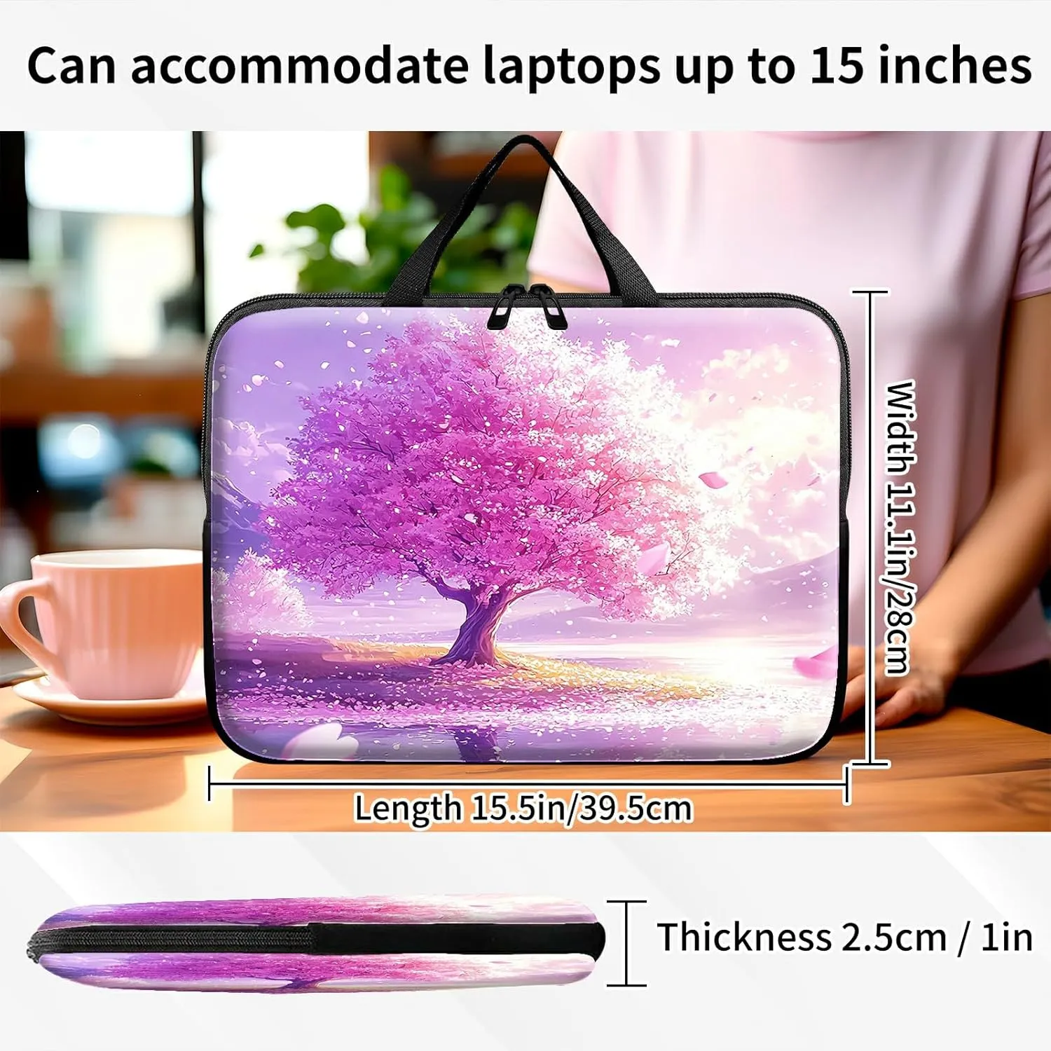 Blooming Cherry Blossoms Theme Laptop Sleeve Case Notebook Sleeve PC Messenger Bag Durable Travel Laptop Bag Handbag 13-14 Inch with Handle for Laptop/Notebook/Tablet Laptop