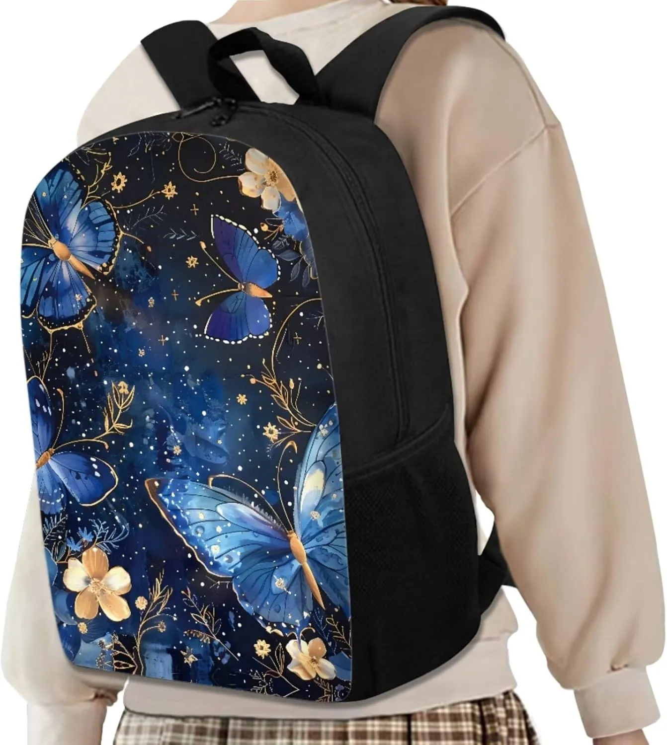Blue Butterfly Girls Bookbag Backpack and Lunch Box Set Lightweight School Backpack Boys Preschool Backpack 17'' Aesthetic Bookbag To Store Pens,Crayon Box,Snacks,and Toys