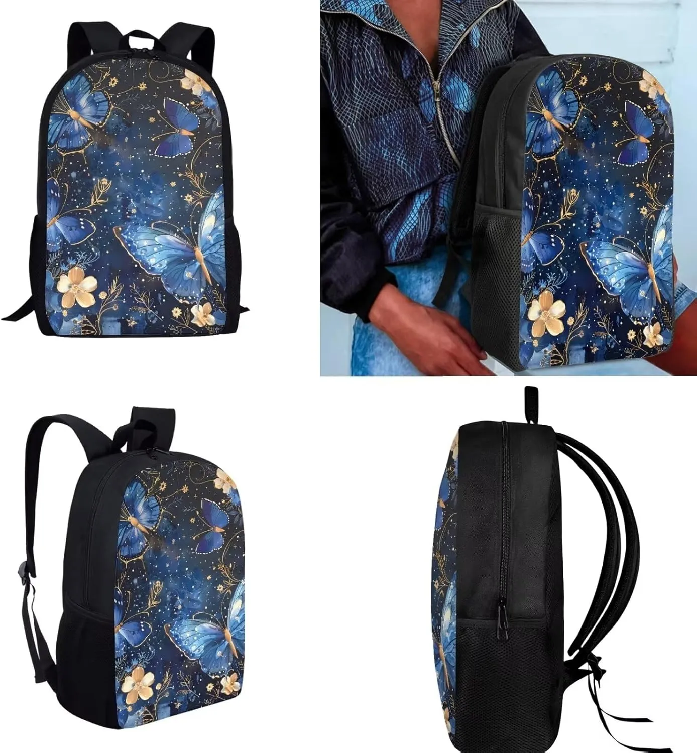 Blue Butterfly Girls Bookbag Backpack and Lunch Box Set Lightweight School Backpack Boys Preschool Backpack 17'' Aesthetic Bookbag To Store Pens,Crayon Box,Snacks,and Toys
