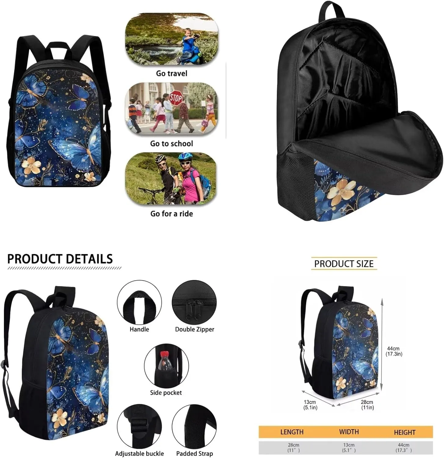 Blue Butterfly Girls Bookbag Backpack and Lunch Box Set Lightweight School Backpack Boys Preschool Backpack 17'' Aesthetic Bookbag To Store Pens,Crayon Box,Snacks,and Toys