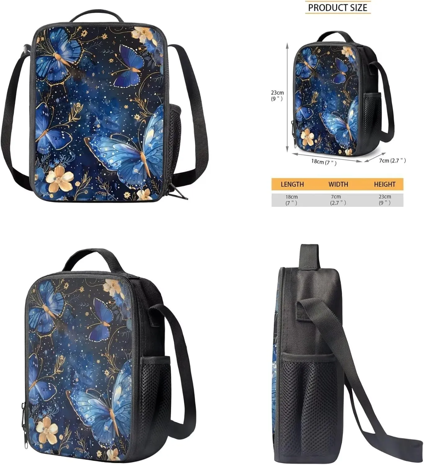 Blue Butterfly Girls Bookbag Backpack and Lunch Box Set Lightweight School Backpack Boys Preschool Backpack 17'' Aesthetic Bookbag To Store Pens,Crayon Box,Snacks,and Toys
