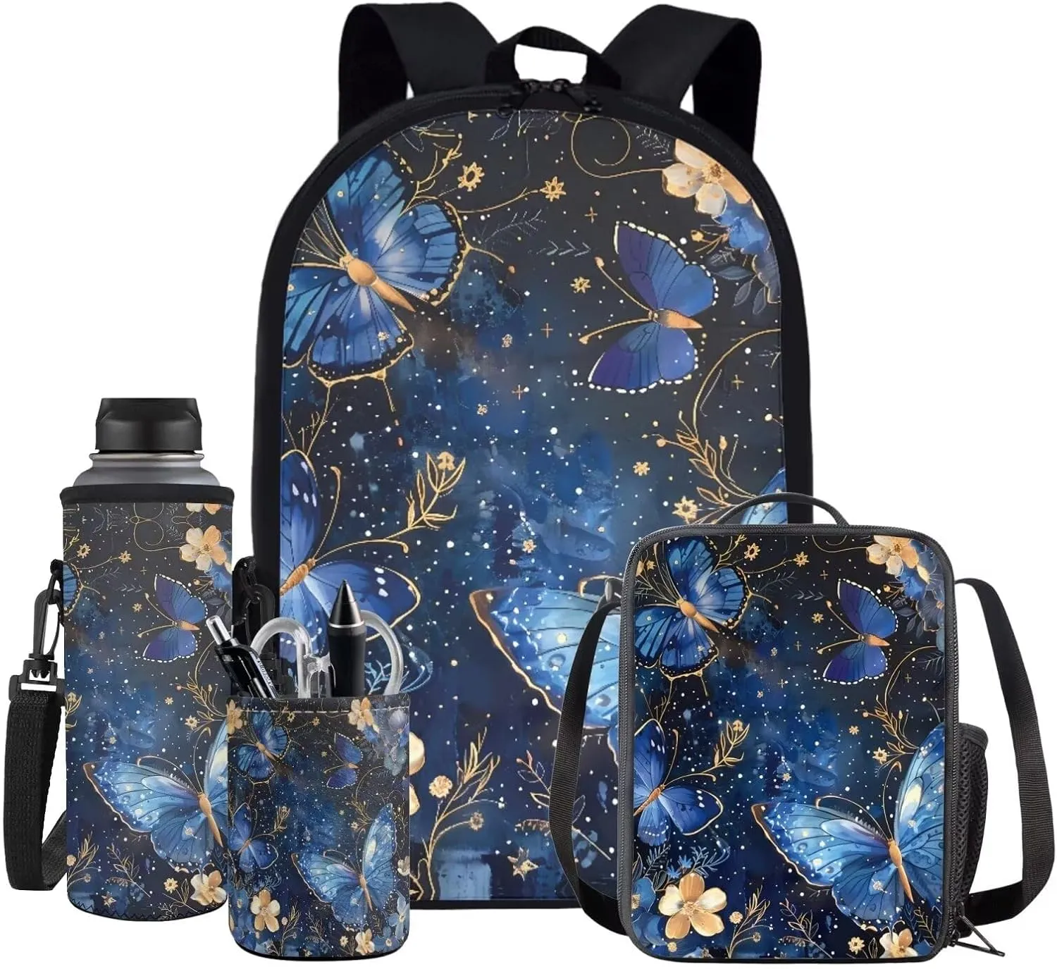 Blue Butterfly Girls Bookbag Backpack and Lunch Box Set Lightweight School Backpack Boys Preschool Backpack 17'' Aesthetic Bookbag To Store Pens,Crayon Box,Snacks,and Toys