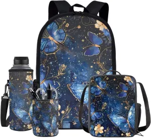 Blue Butterfly Girls Bookbag Backpack and Lunch Box Set Lightweight School Backpack Boys Preschool Backpack 17'' Aesthetic Bookbag To Store Pens,Crayon Box,Snacks,and Toys