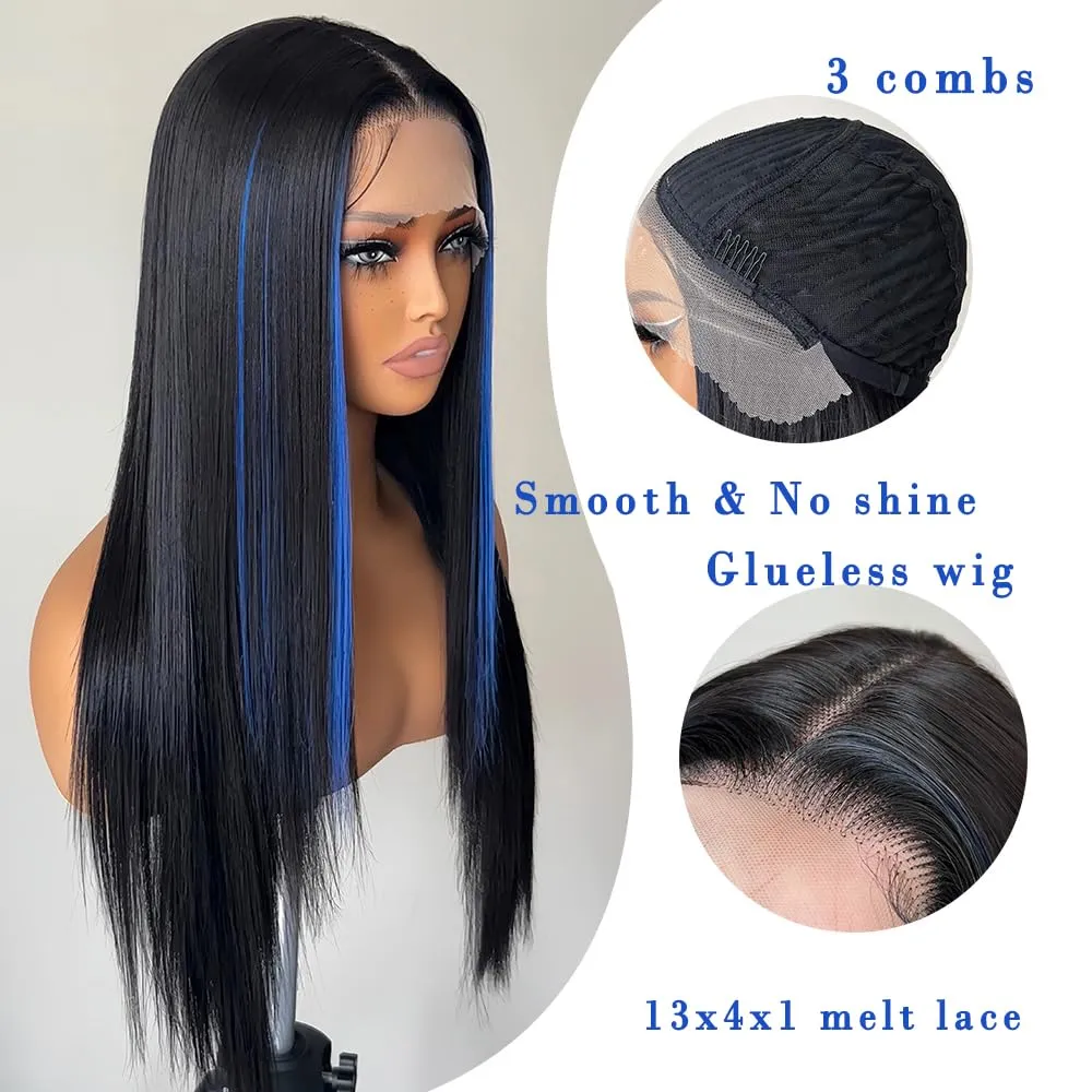 Blue Highlight Synthetic Lace Front Glueless Wig Long Straight Wigs for Women Pre Plucked with Baby Hair 26 Inch Midnight Blue Color Forehead Synthetic Lace Front