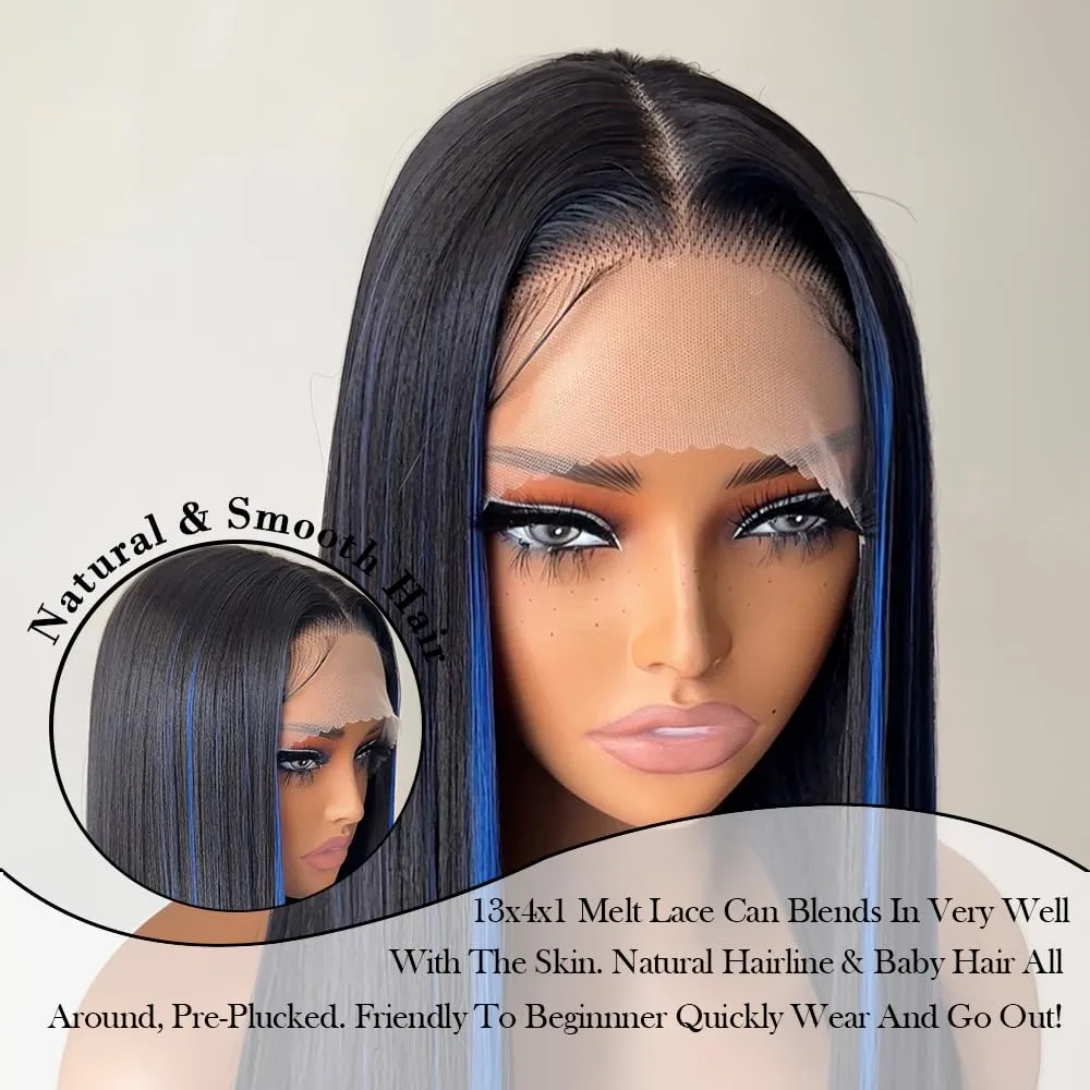 Blue Highlight Synthetic Lace Front Glueless Wig Long Straight Wigs for Women Pre Plucked with Baby Hair 26 Inch Midnight Blue Color Forehead Synthetic Lace Front