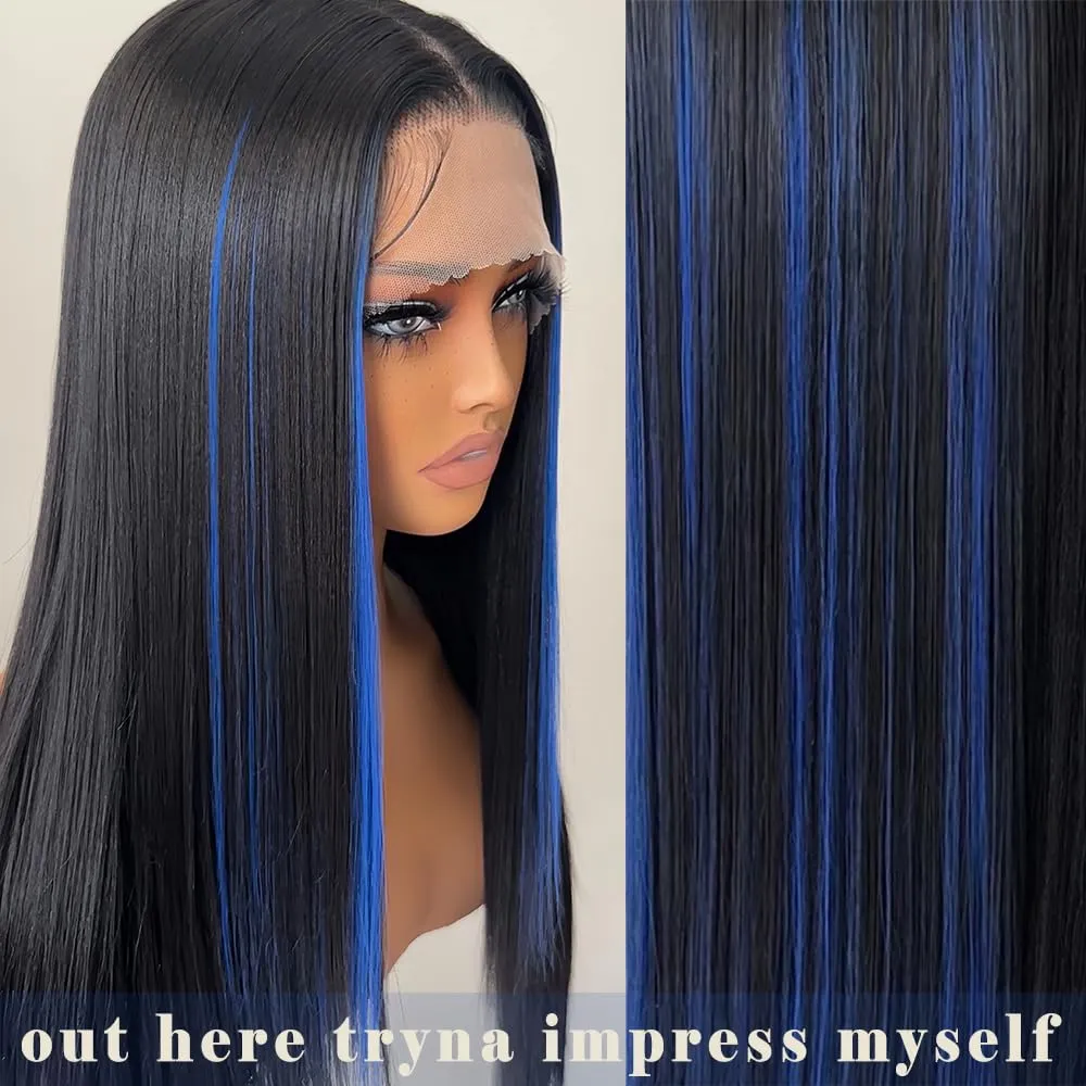 Blue Highlight Synthetic Lace Front Glueless Wig Long Straight Wigs for Women Pre Plucked with Baby Hair 26 Inch Midnight Blue Color Forehead Synthetic Lace Front