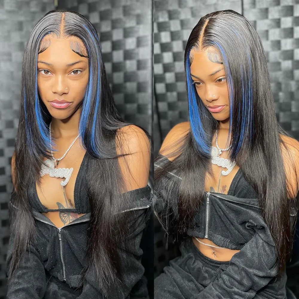 Blue Highlight Synthetic Lace Front Glueless Wig Long Straight Wigs for Women Pre Plucked with Baby Hair 26 Inch Midnight Blue Color Forehead Synthetic Lace Front