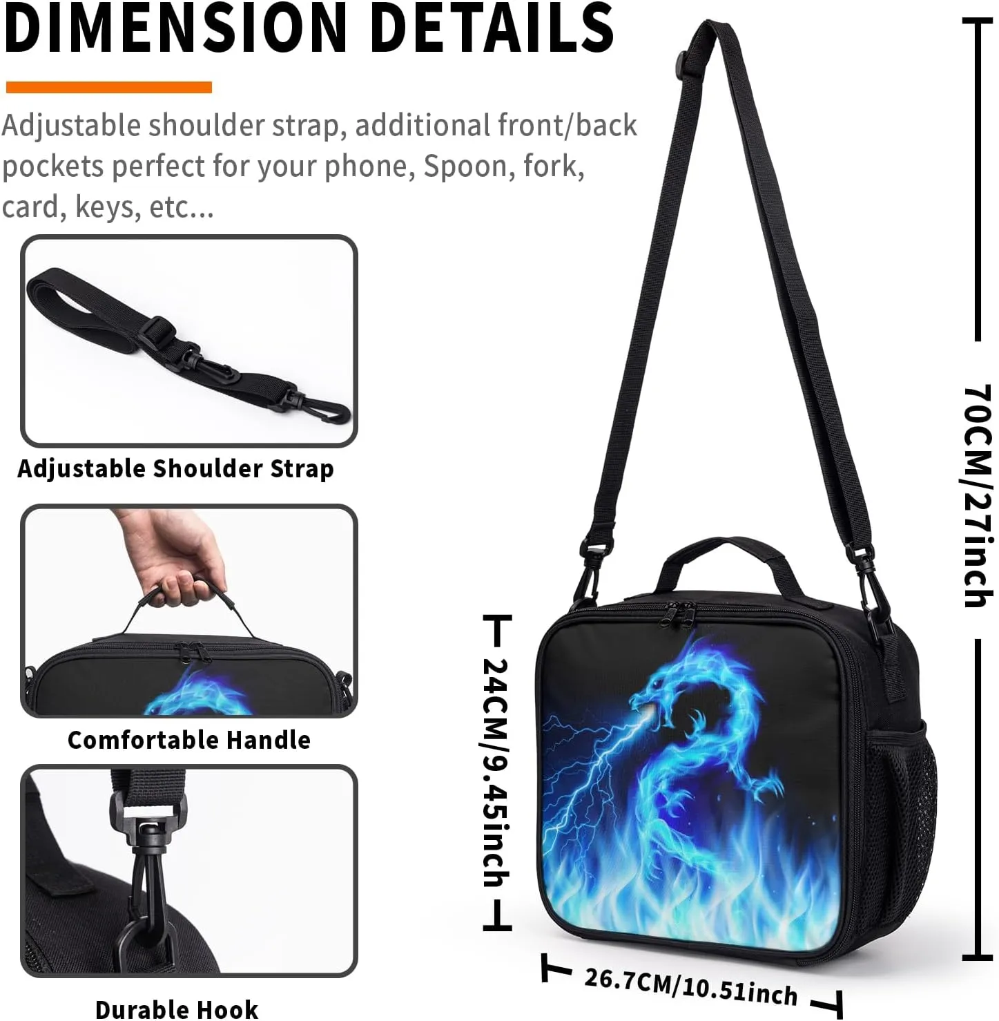 Blue Lightning Pattern Lunch Bag Blue Fire Dragon Lunch Boxes for Women/Man Office Work Travel, School, Work, Picnic, Durable Reusable Insulated Large Lunch Tote Bag with Adjustable Shoulder Strap