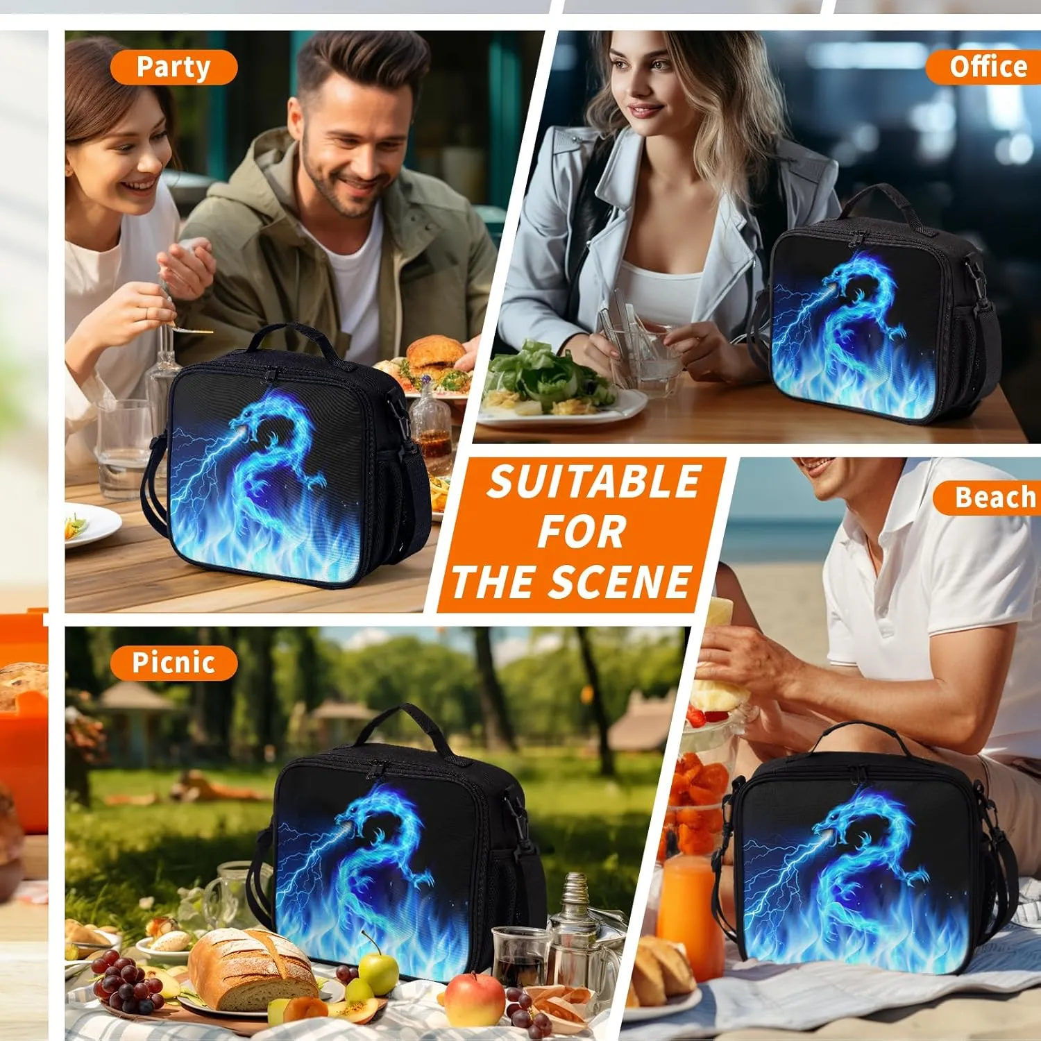 Blue Lightning Pattern Lunch Bag Blue Fire Dragon Lunch Boxes for Women/Man Office Work Travel, School, Work, Picnic, Durable Reusable Insulated Large Lunch Tote Bag with Adjustable Shoulder Strap